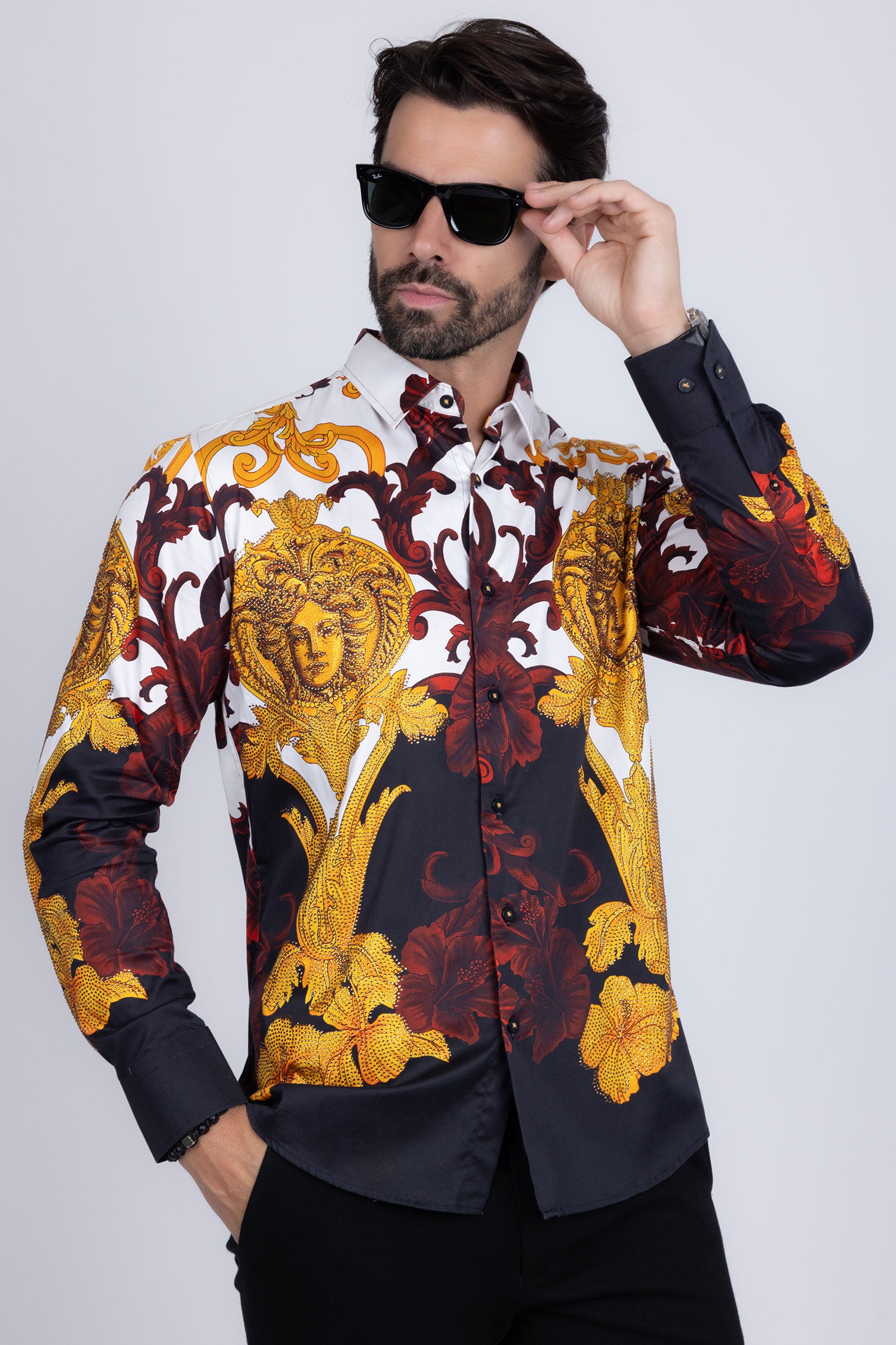 Barabas Men's Rhinestone Medusa Baroque Long Sleeve Shirt SPR950 Black