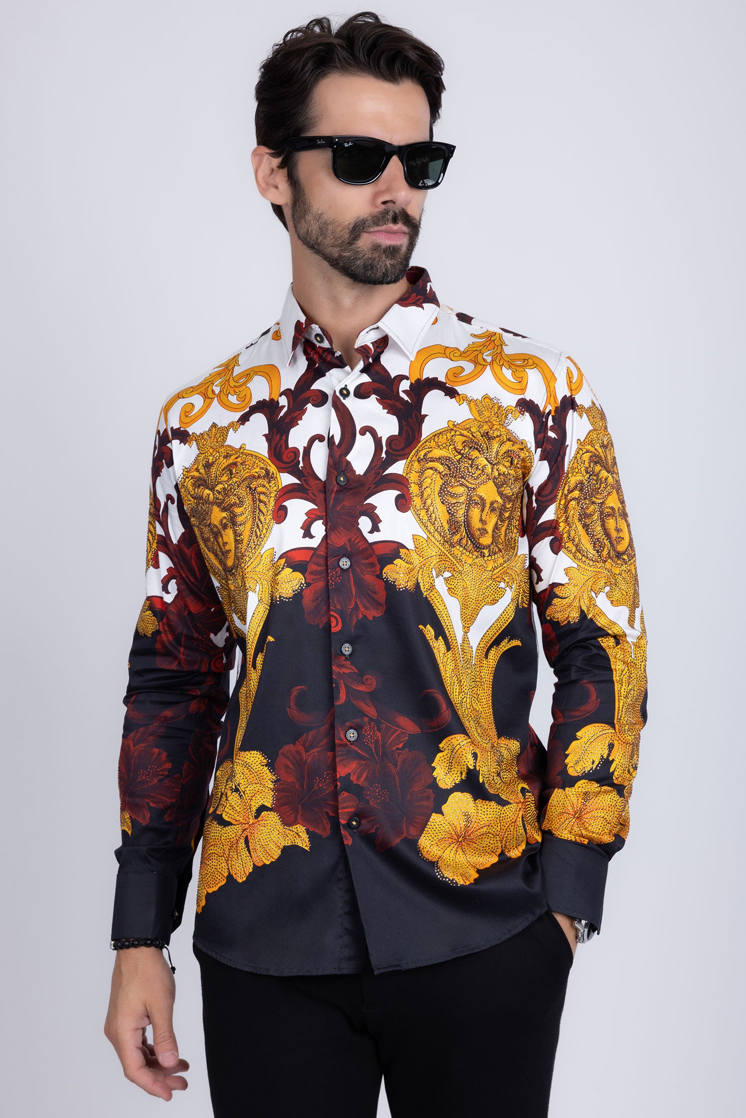 Barabas Men's Rhinestone Medusa Baroque Long Sleeve Shirt SPR950 Black