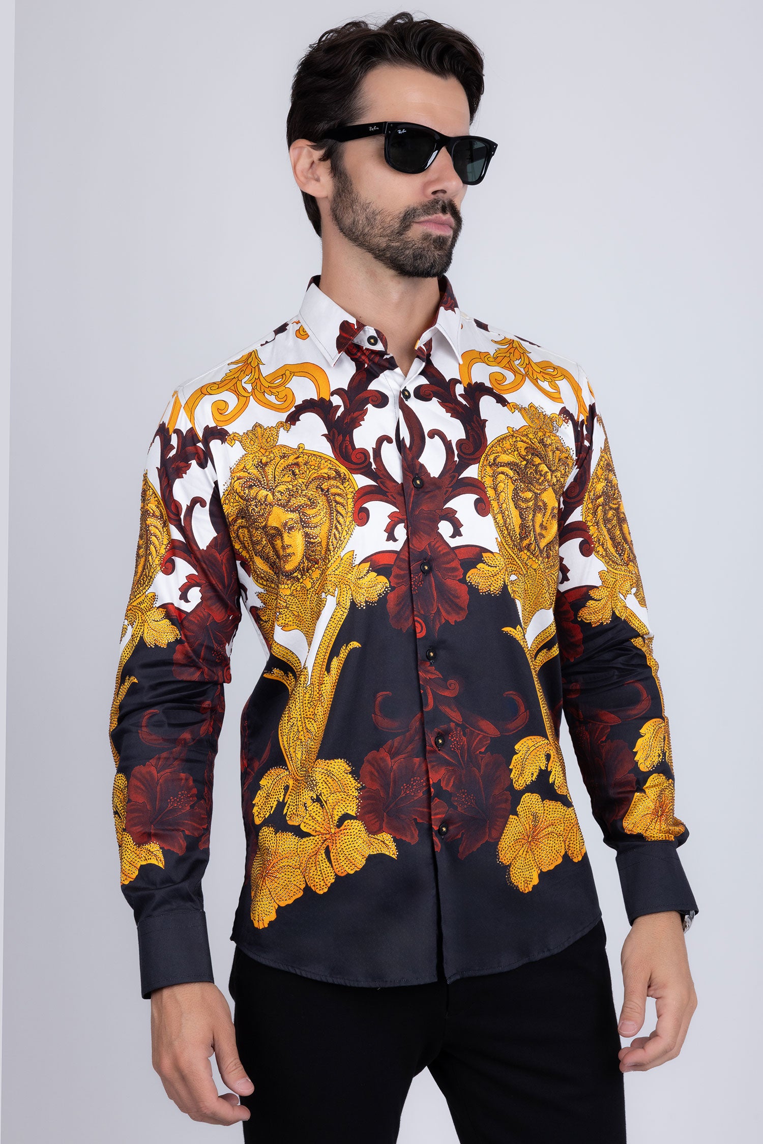 Barabas Men's Rhinestone Medusa Baroque Long Sleeve Shirt SPR950 Black
