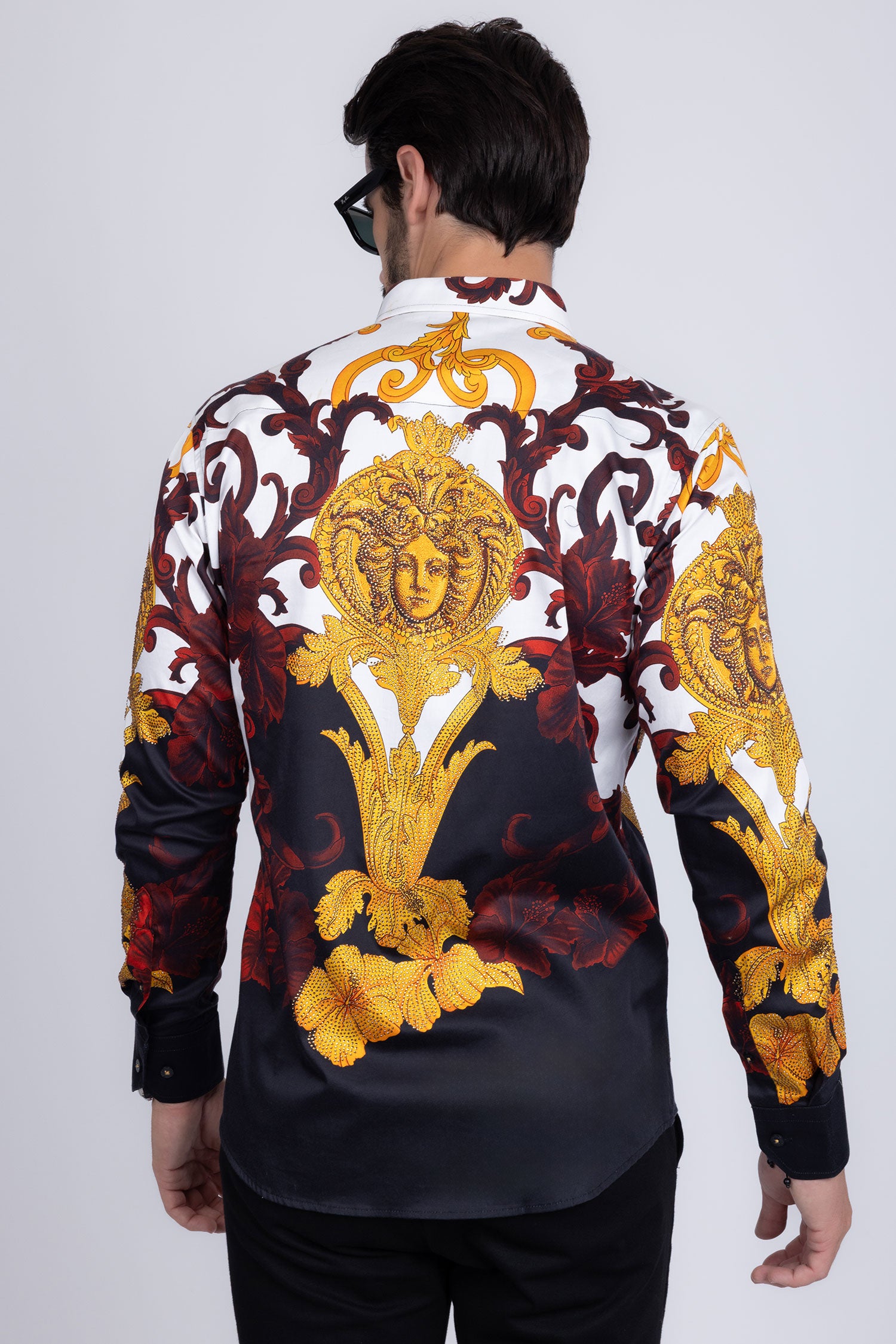 Barabas Men's Rhinestone Medusa Baroque Long Sleeve Shirt SPR950 Black