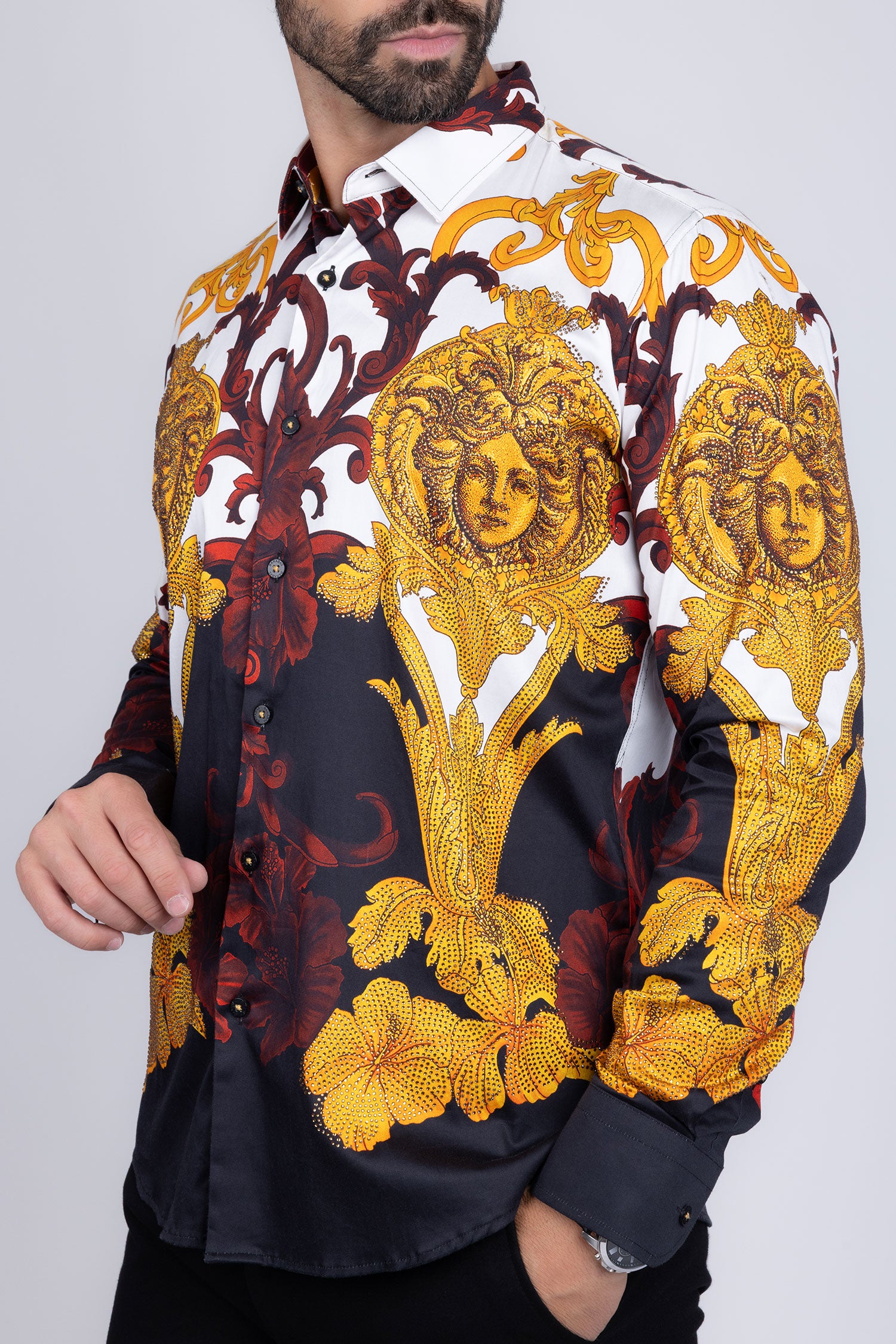 Barabas Men's Rhinestone Medusa Baroque Long Sleeve Shirt SPR950 Black