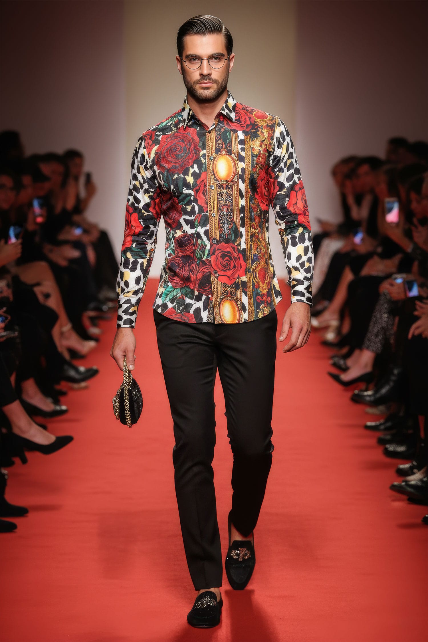 BARABAS men's Rhinestone Floral Leopard Long Sleeve Shirts SPR964 Multi