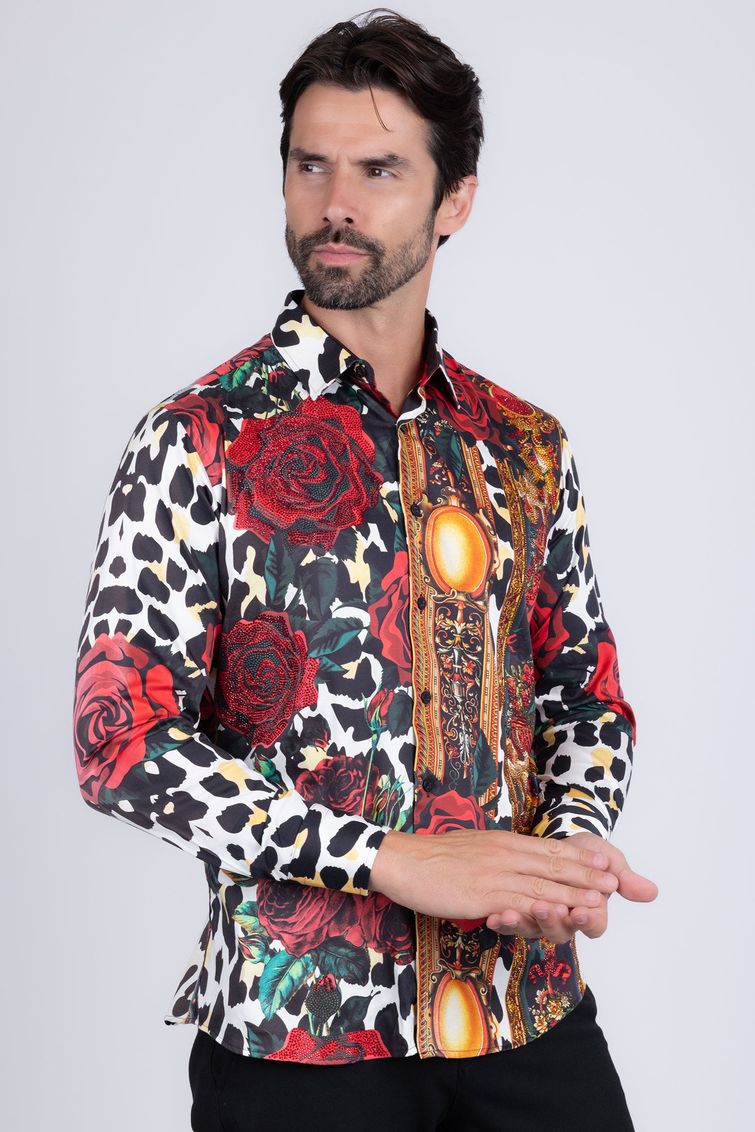 BARABAS men's Rhinestone Floral Leopard Long Sleeve Shirts SPR964 Red