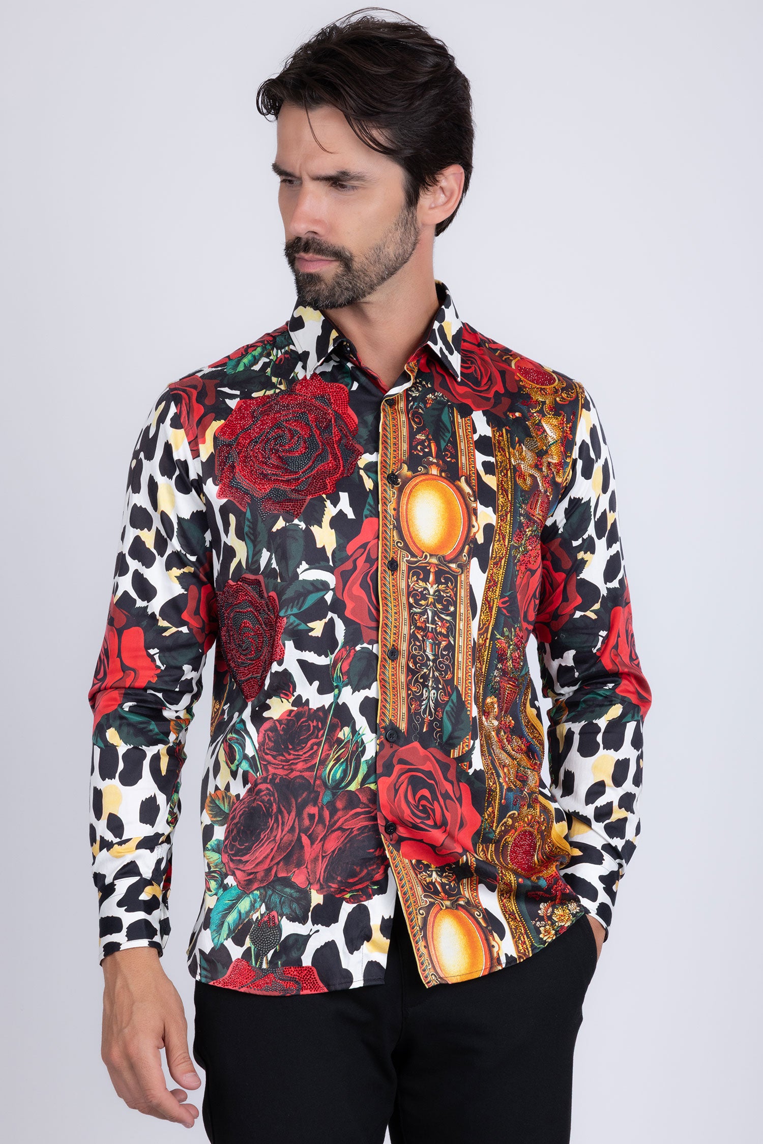 BARABAS men's Rhinestone Floral Leopard Long Sleeve Shirts SPR964 Red