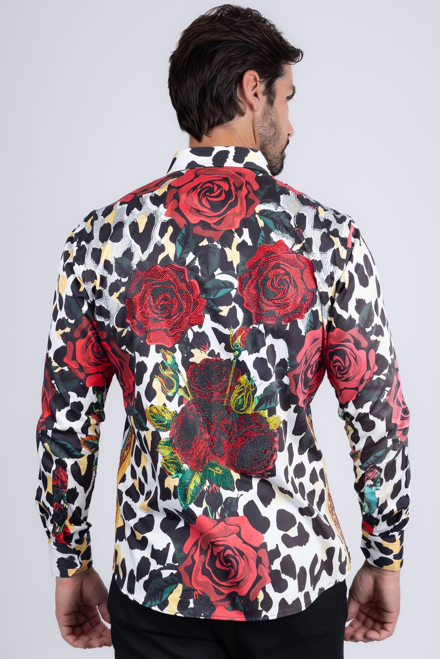 BARABAS men's Rhinestone Floral Leopard Long Sleeve Shirts SPR964 Multi