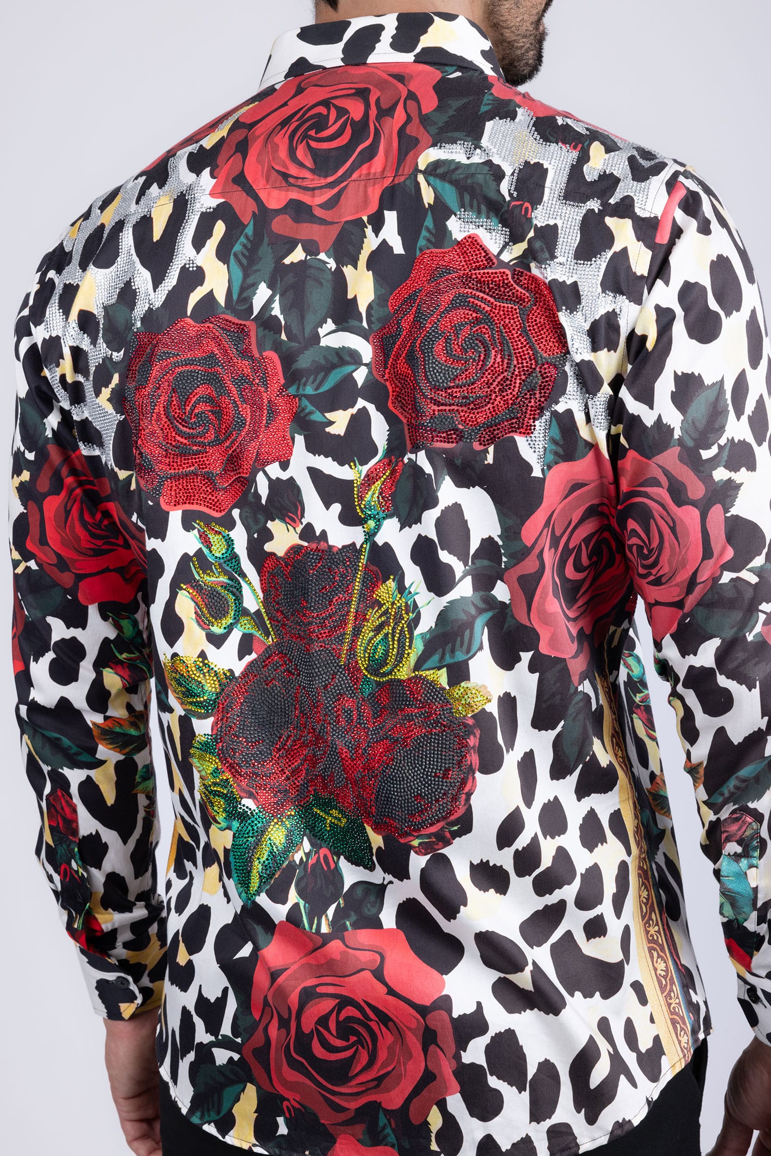 BARABAS men's Rhinestone Floral Leopard Long Sleeve Shirts SPR964 Multi