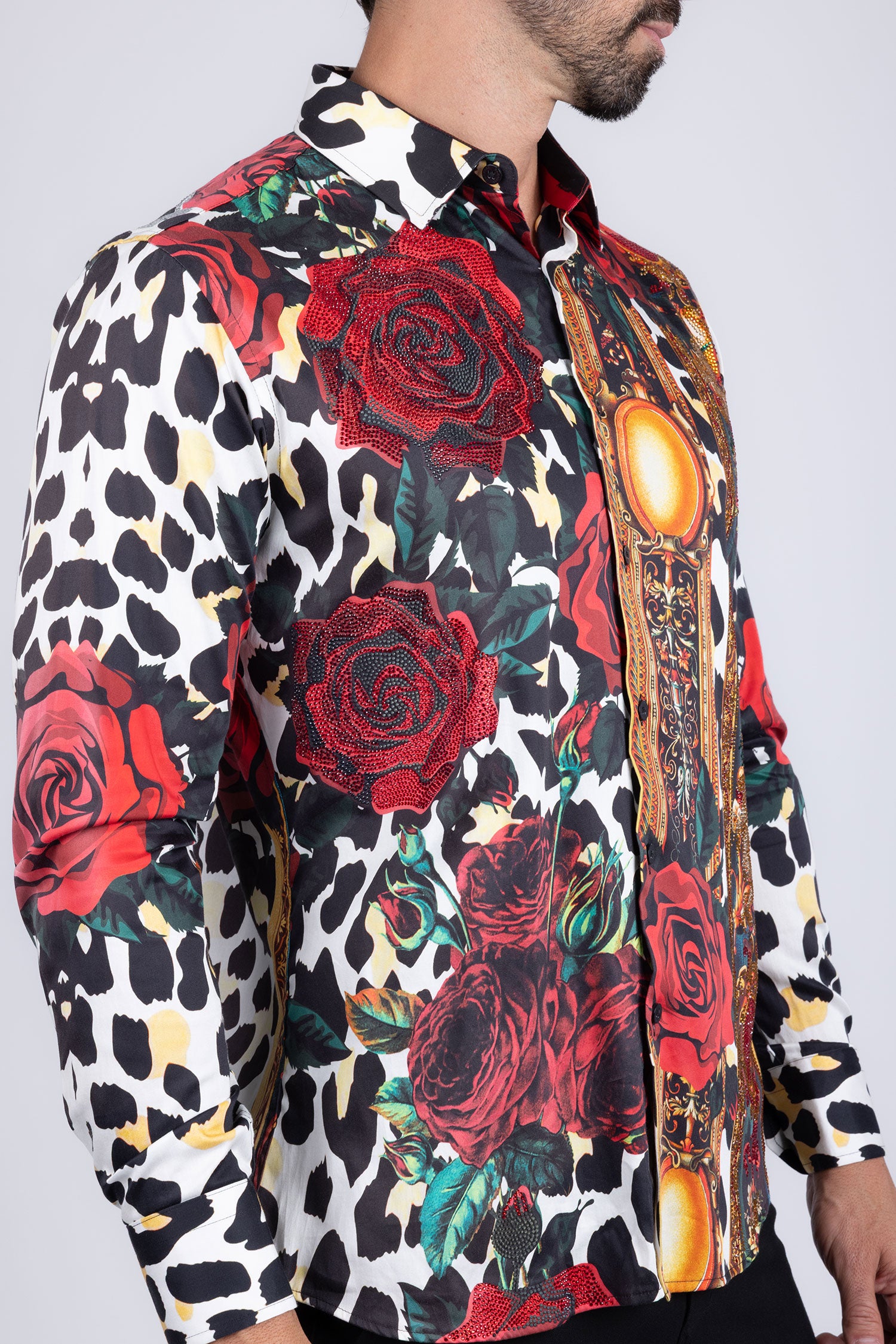 BARABAS men's Rhinestone Floral Leopard Long Sleeve Shirts SPR964 Multi