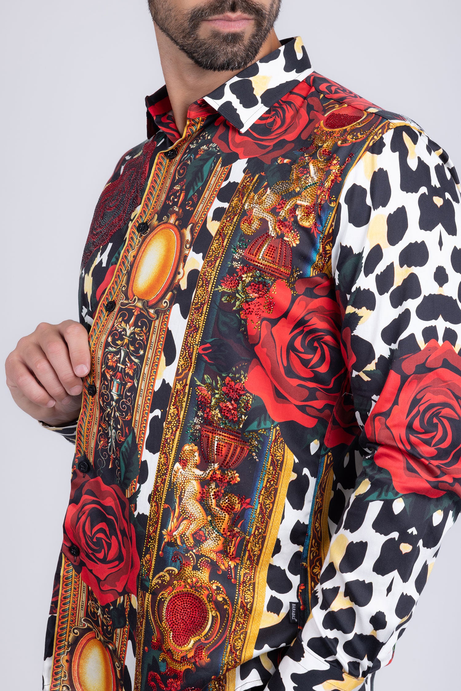 BARABAS men's Rhinestone Floral Leopard Long Sleeve Shirts SPR964 Red