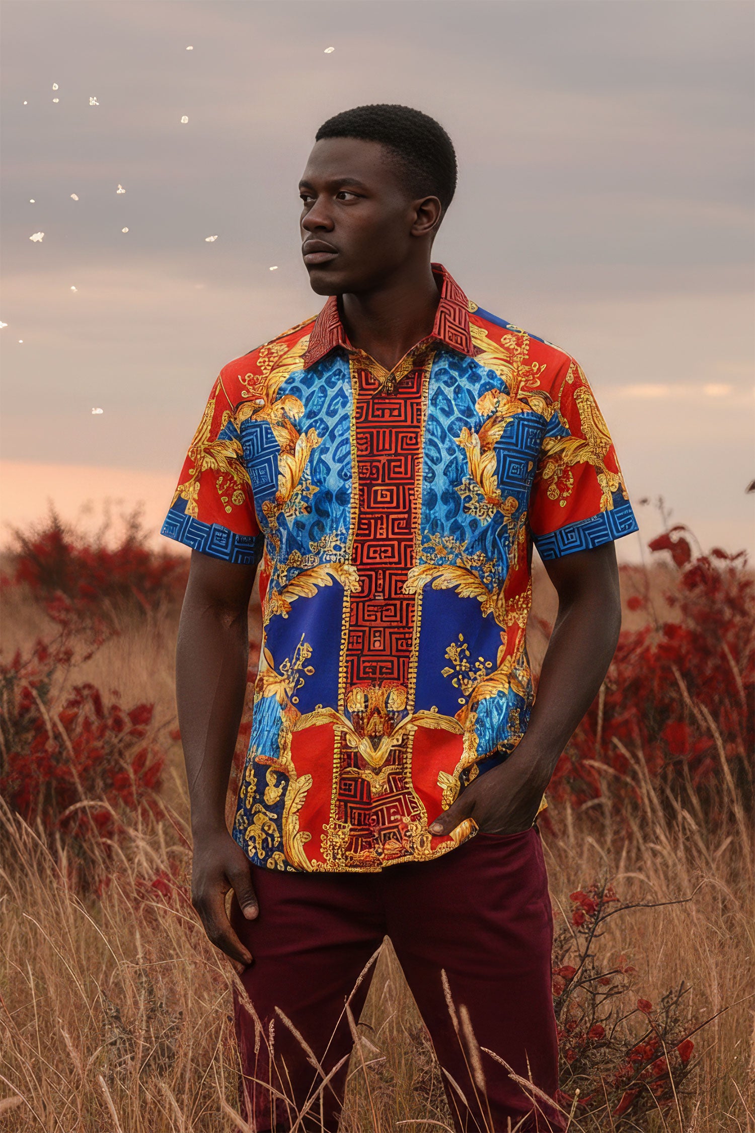 BARABAS Men's greek key and animal print graphic short sleeve shirt SS01 blue