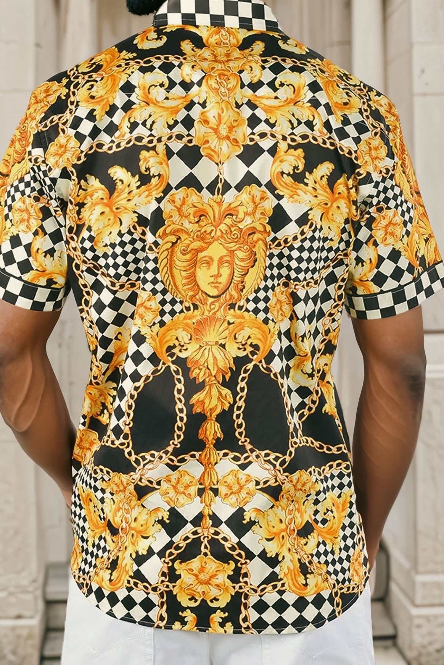 BARABAS Men's checkered chain graphic short sleeve shirt SS02 Gold Black