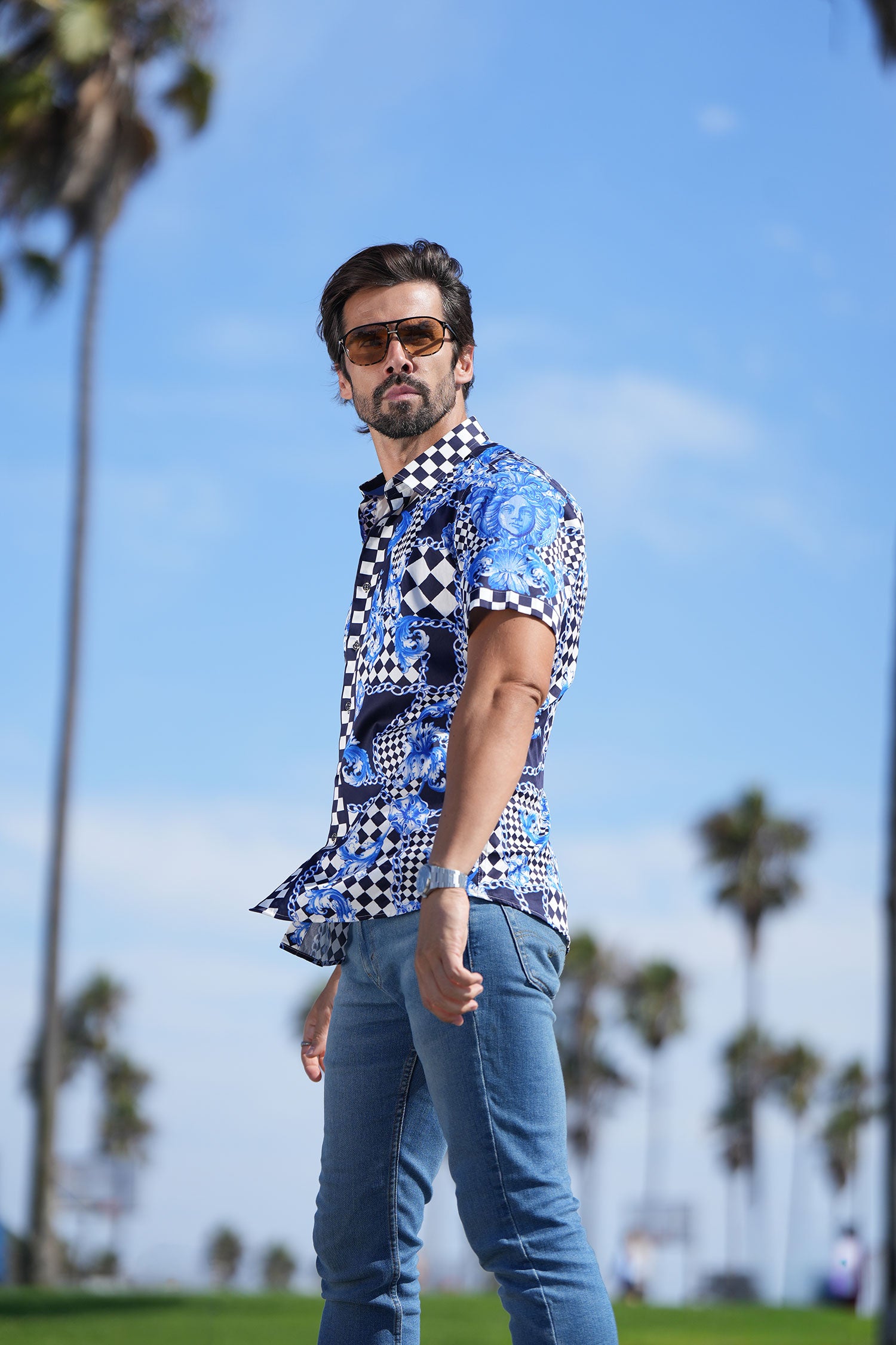 BARABAS Men's checkered chain graphic short sleeve shirt SS02 blue