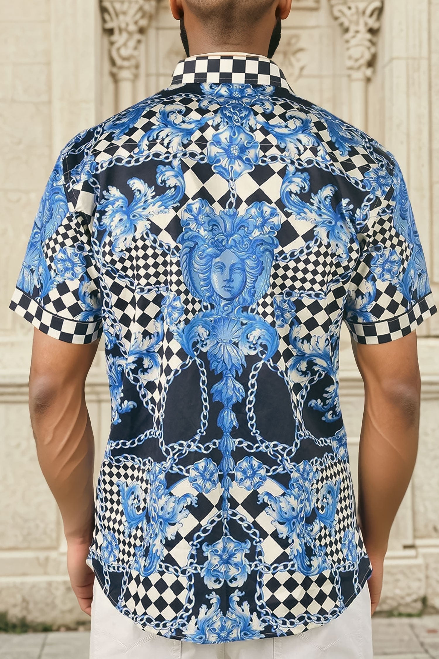 BARABAS Men's checkered chain graphic short sleeve shirt SS02 Navy