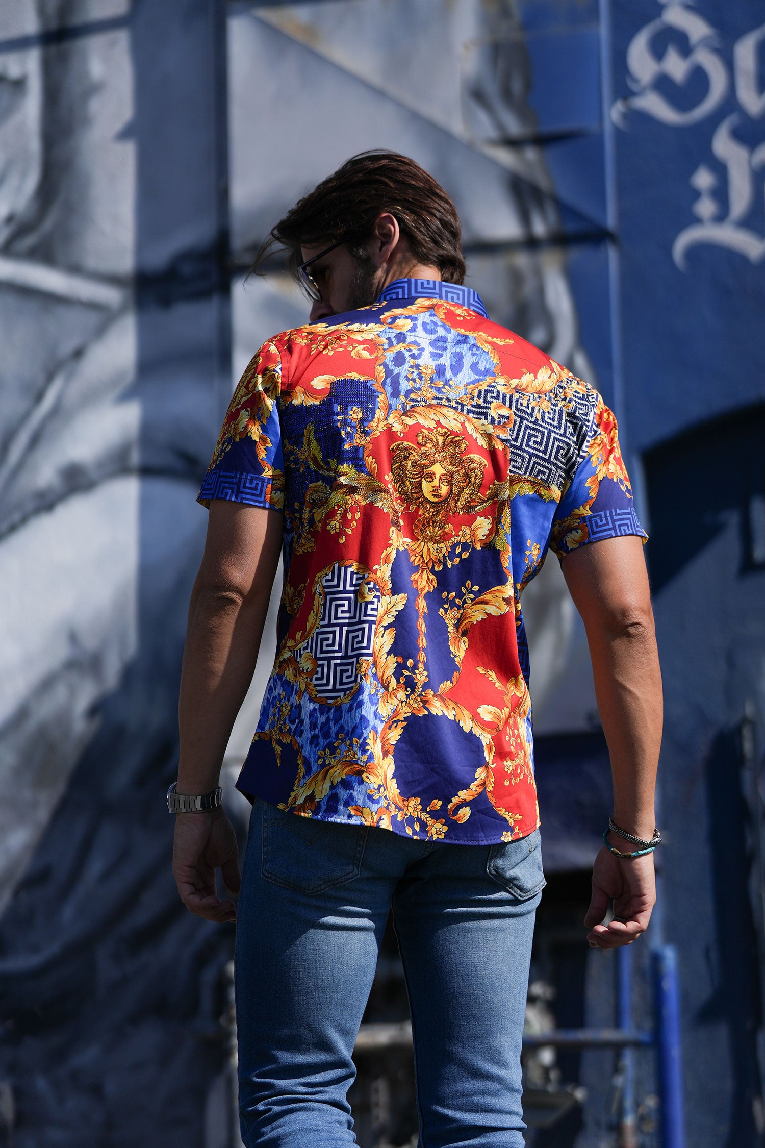 BARABAS Men's Floral Greek Pattern Baroque Short Sleeve Shirt SSR01 Blue Red
