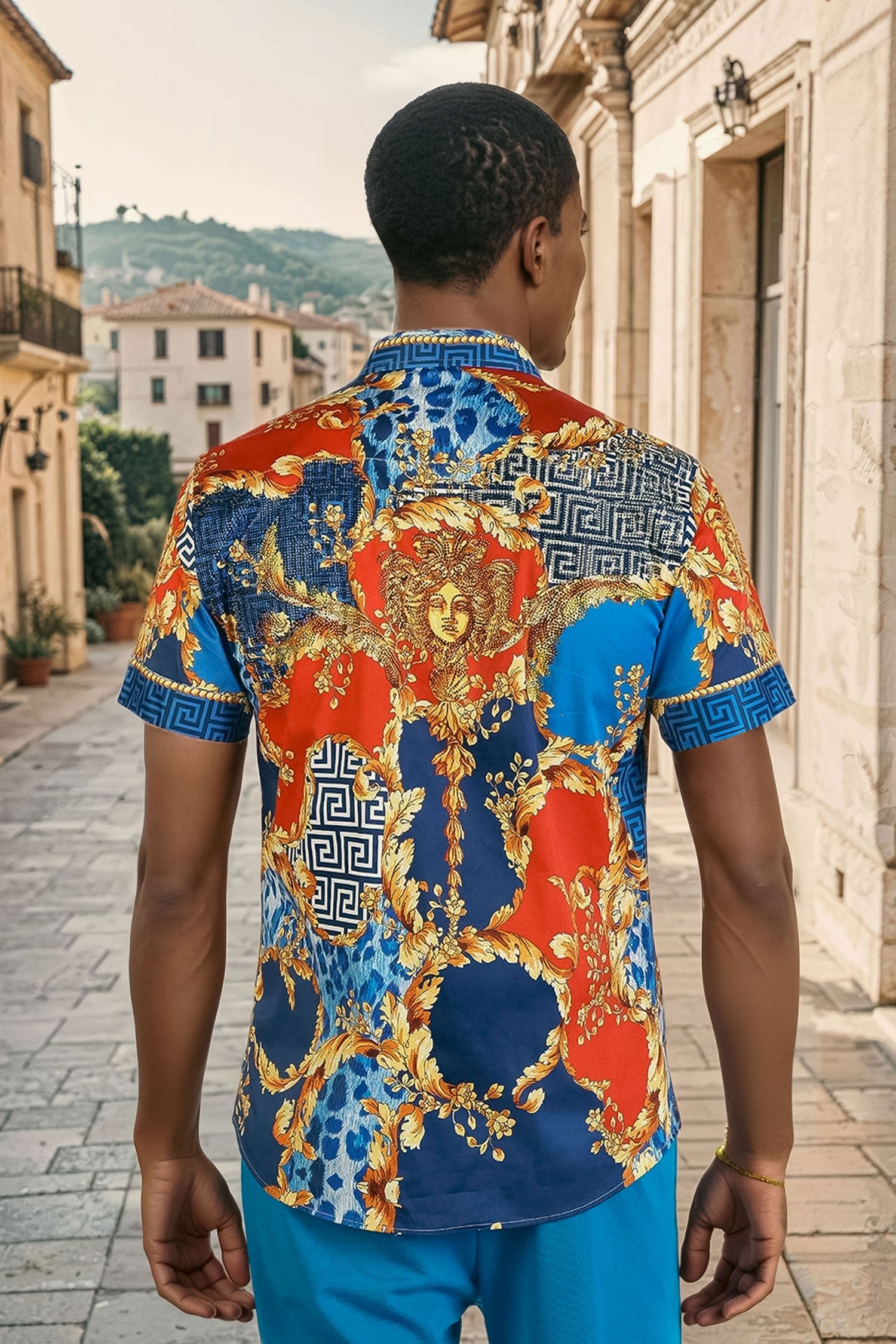 BARABAS Men's Floral Greek Pattern Baroque Short Sleeve Shirt SSR01 Gold Blue