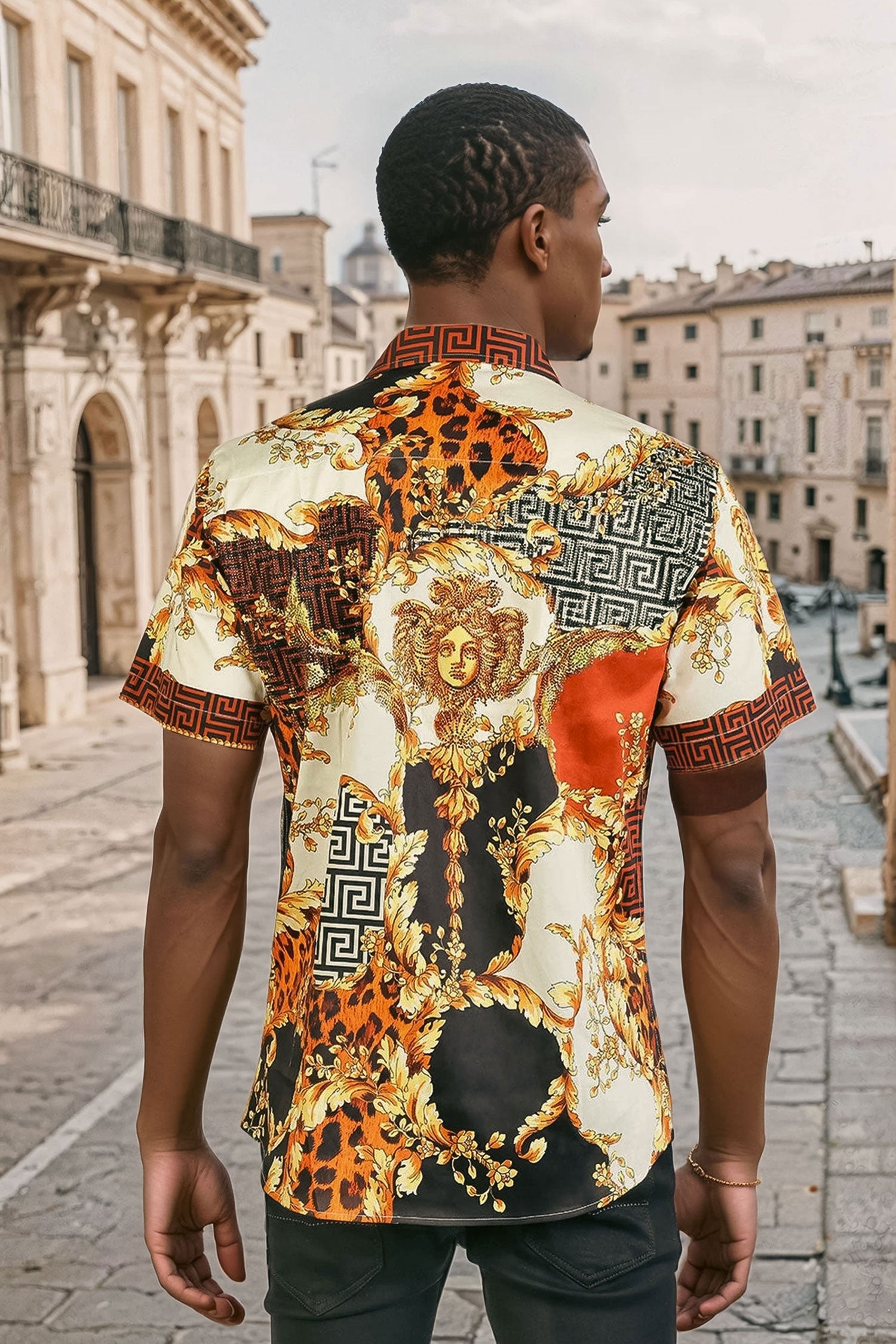 BARABAS Men's Floral Greek Pattern Baroque Short Sleeve Shirt SSR01 Gold Black