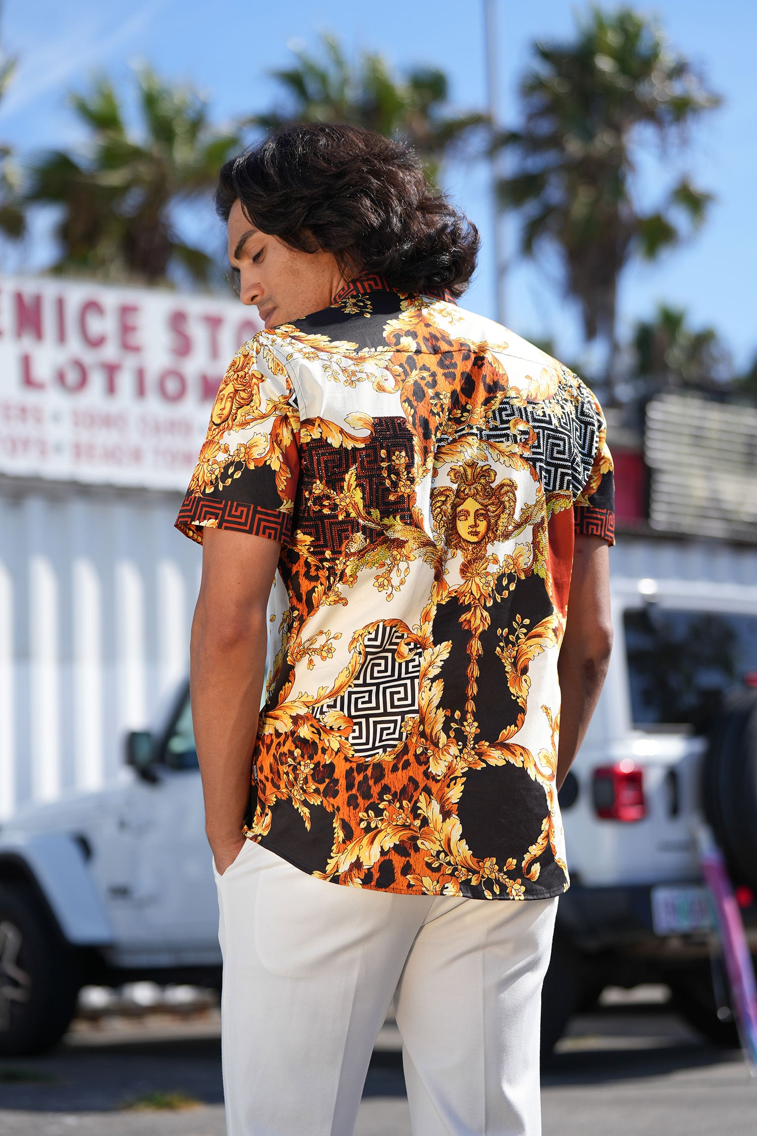 BARABAS Men's Floral Greek Pattern Baroque Short Sleeve Shirt SSR01 gold brown