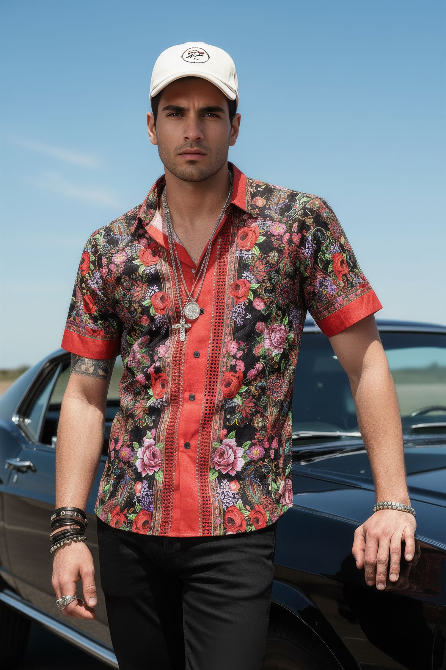BARABAS Men's Rhinestone Floral Baroque Printed Short Sleeve Shirt SPR265 Black Red