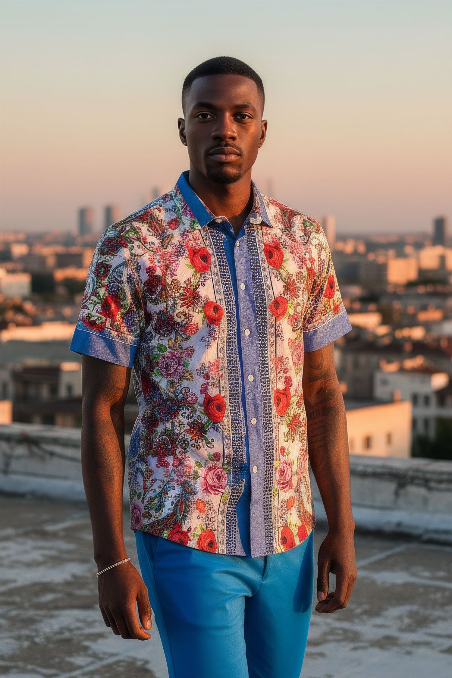 BARABAS Men's Rhinestone Floral Baroque Printed Short Sleeve Shirt SPR265 Blue White