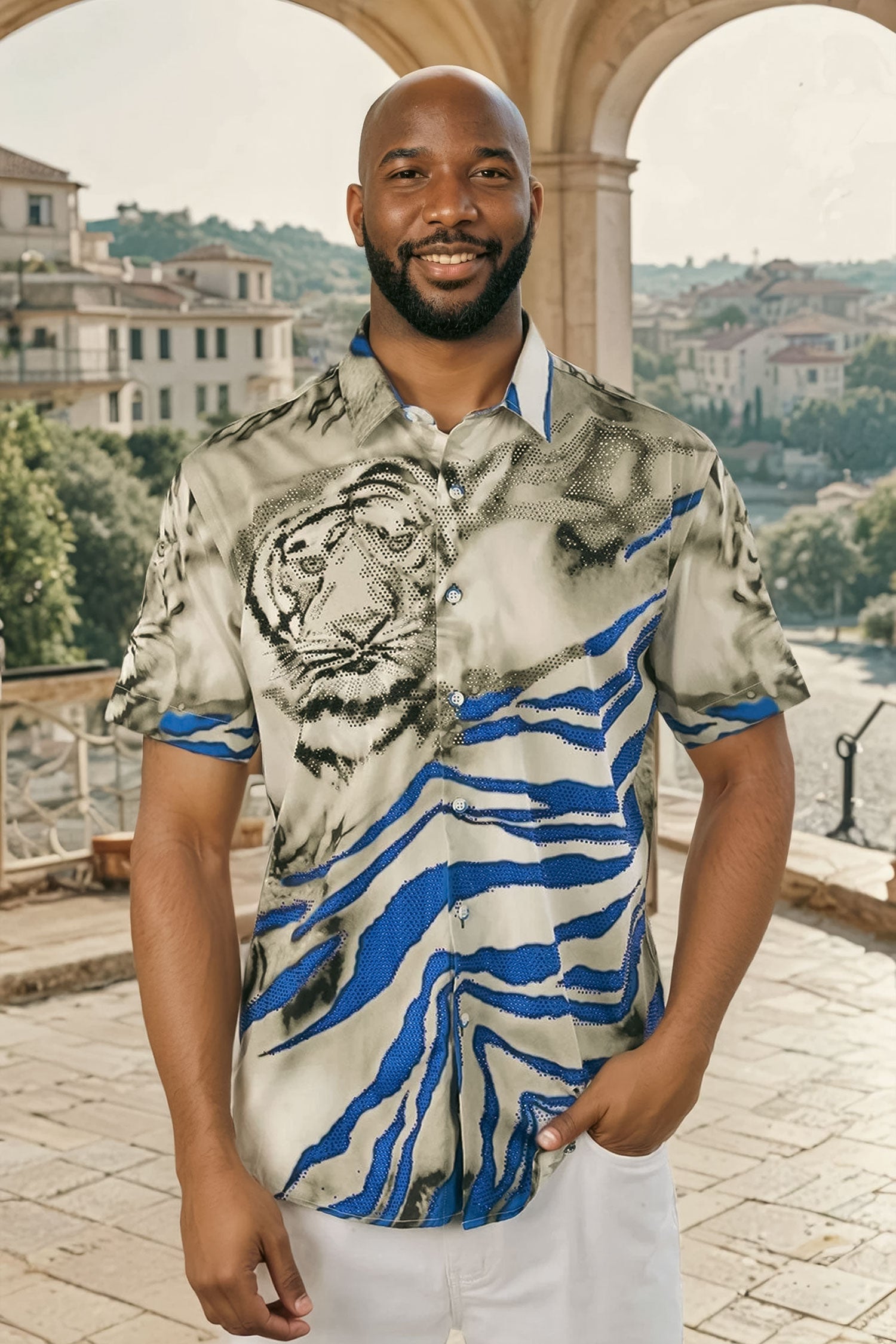 BARABAS Men's Rhinestone Tiger Scratch Short Sleeve Shirt SSR11 Blue