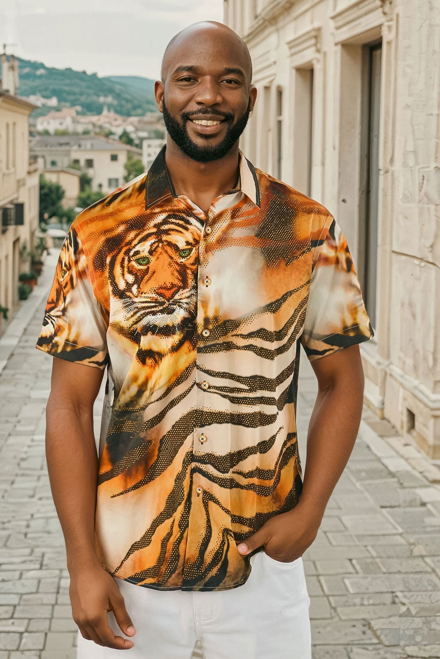 BARABAS Men's Rhinestone Tiger Scratch Short Sleeve Shirt SSR11 Orange