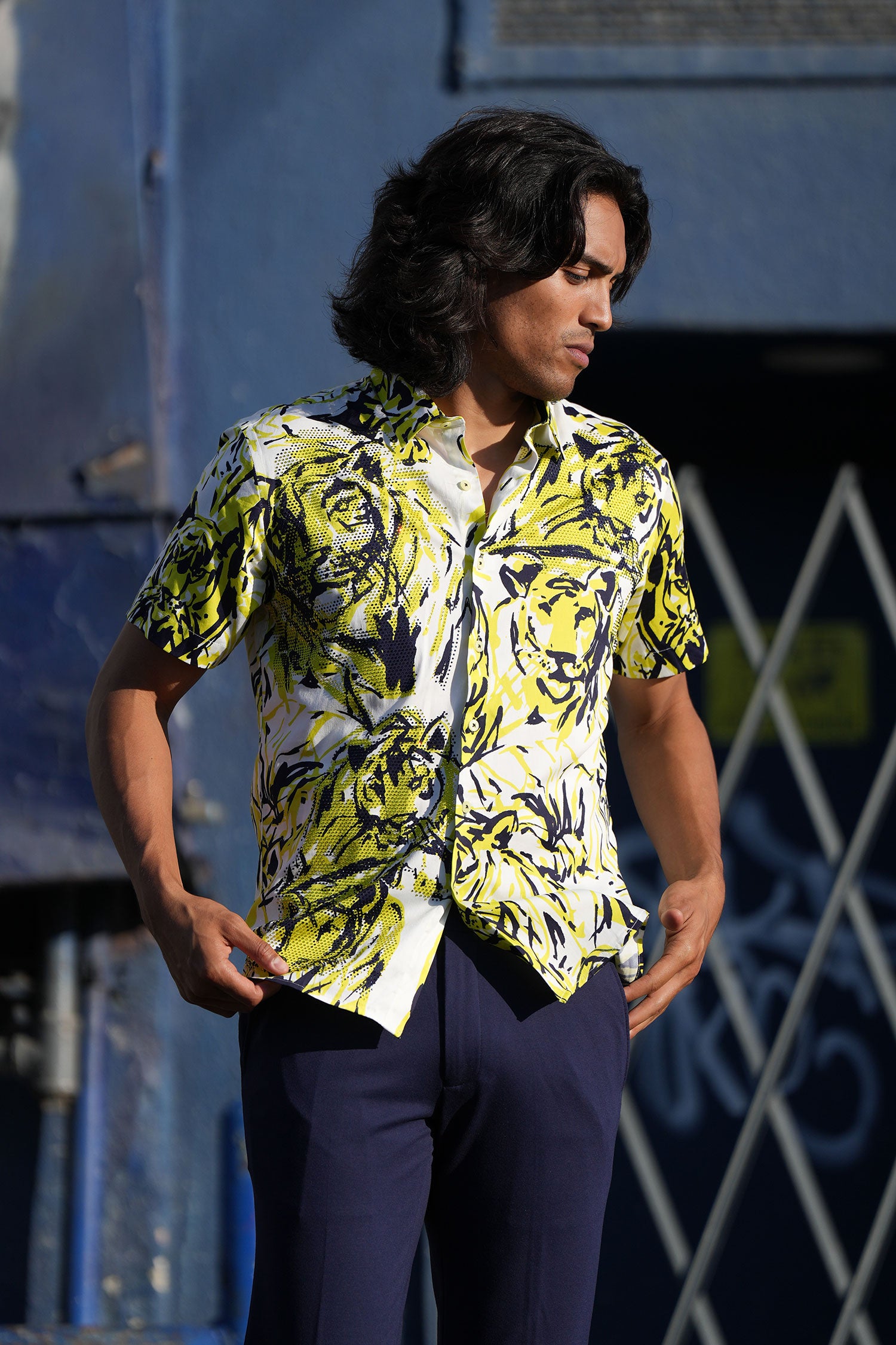 Barabas Men's Lion Printed Rhinestone Short Sleeve Shirt SSR18 Citron