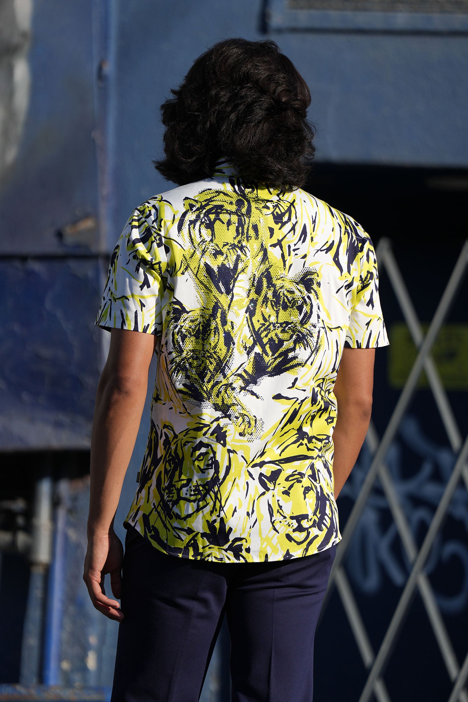 Barabas Men's Lion Printed Rhinestone Short Sleeve Shirt SSR18 Citron