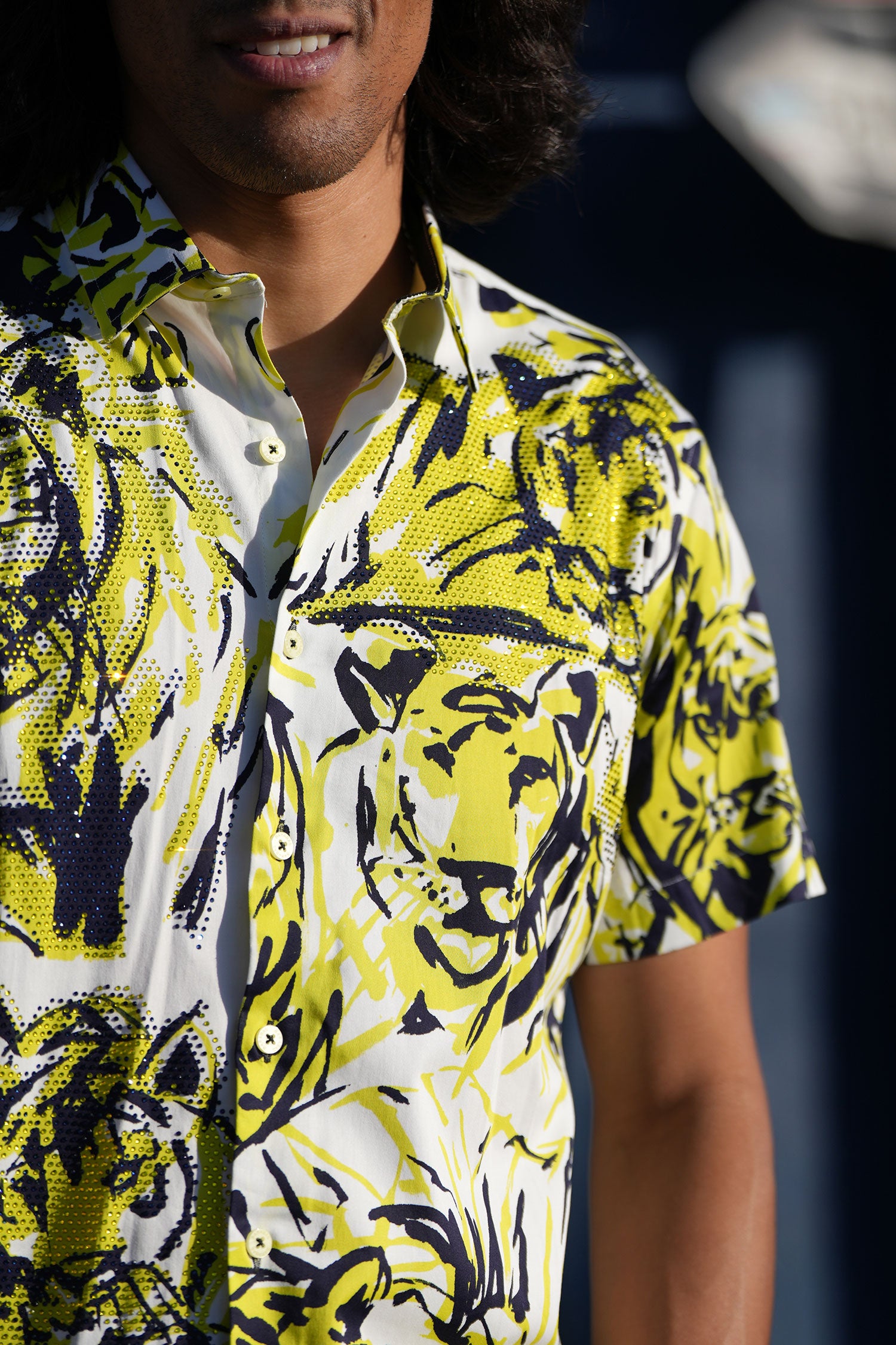 Barabas Men's Lion Printed Rhinestone Short Sleeve Shirt SSR18 Citron