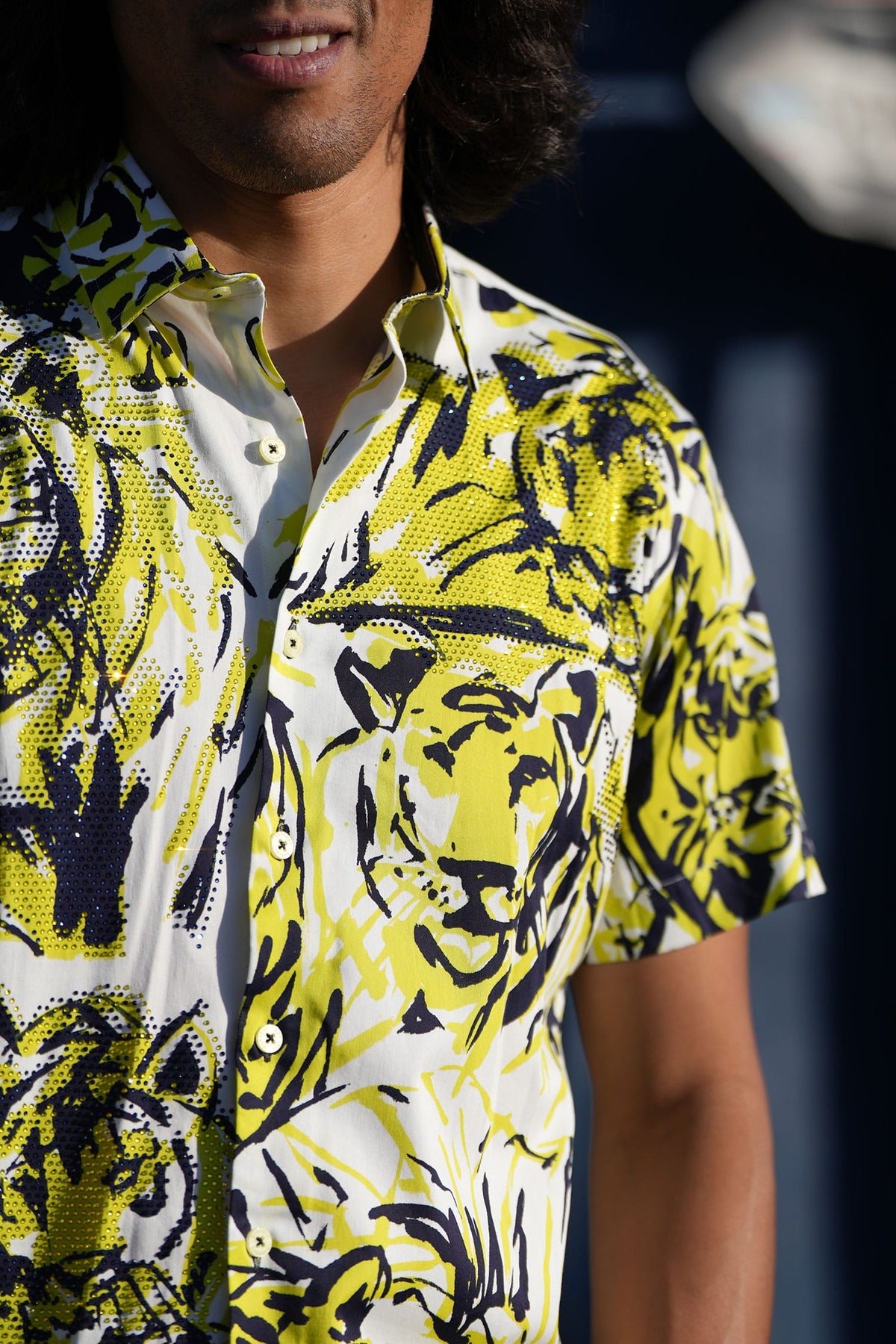 Barabas Men's Lion Printed Rhinestone Short Sleeve Shirt SSR18 Citron
