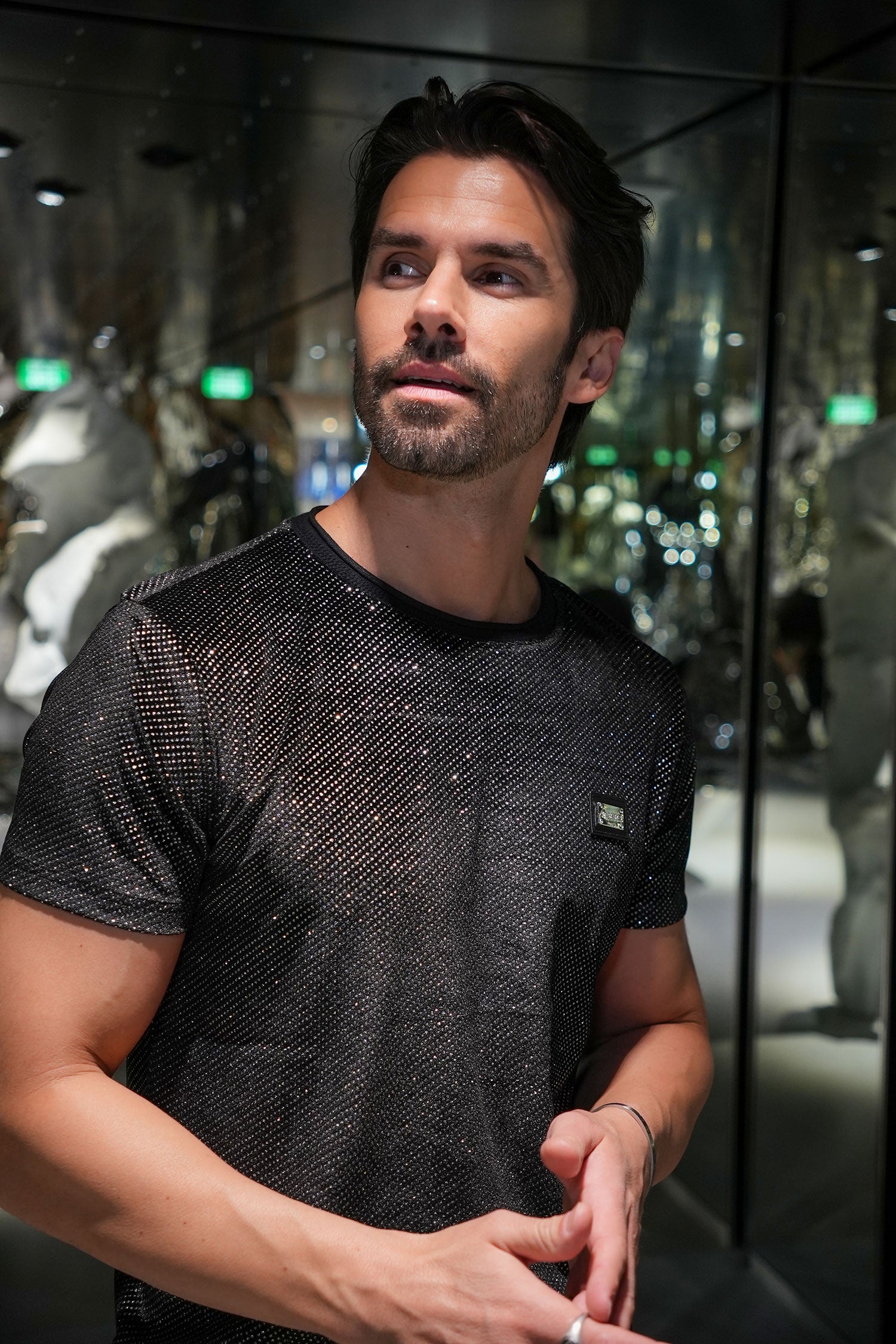 Barabas Men's Glittery Sparkle Crew-neck T-shirt ST702 Black Silver