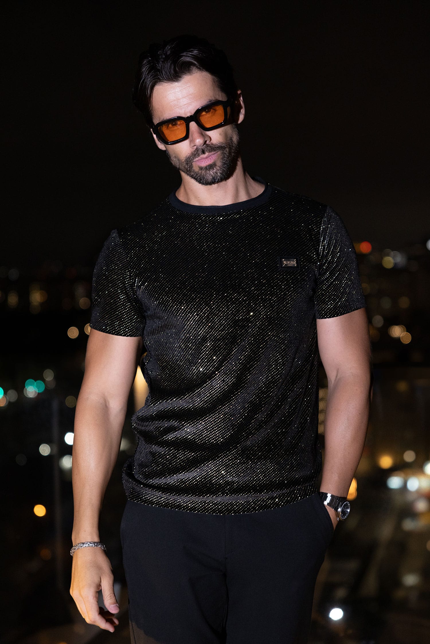 Barabas Men's Glittery Sparkle Crew-neck T-shirt ST702 Black Gold