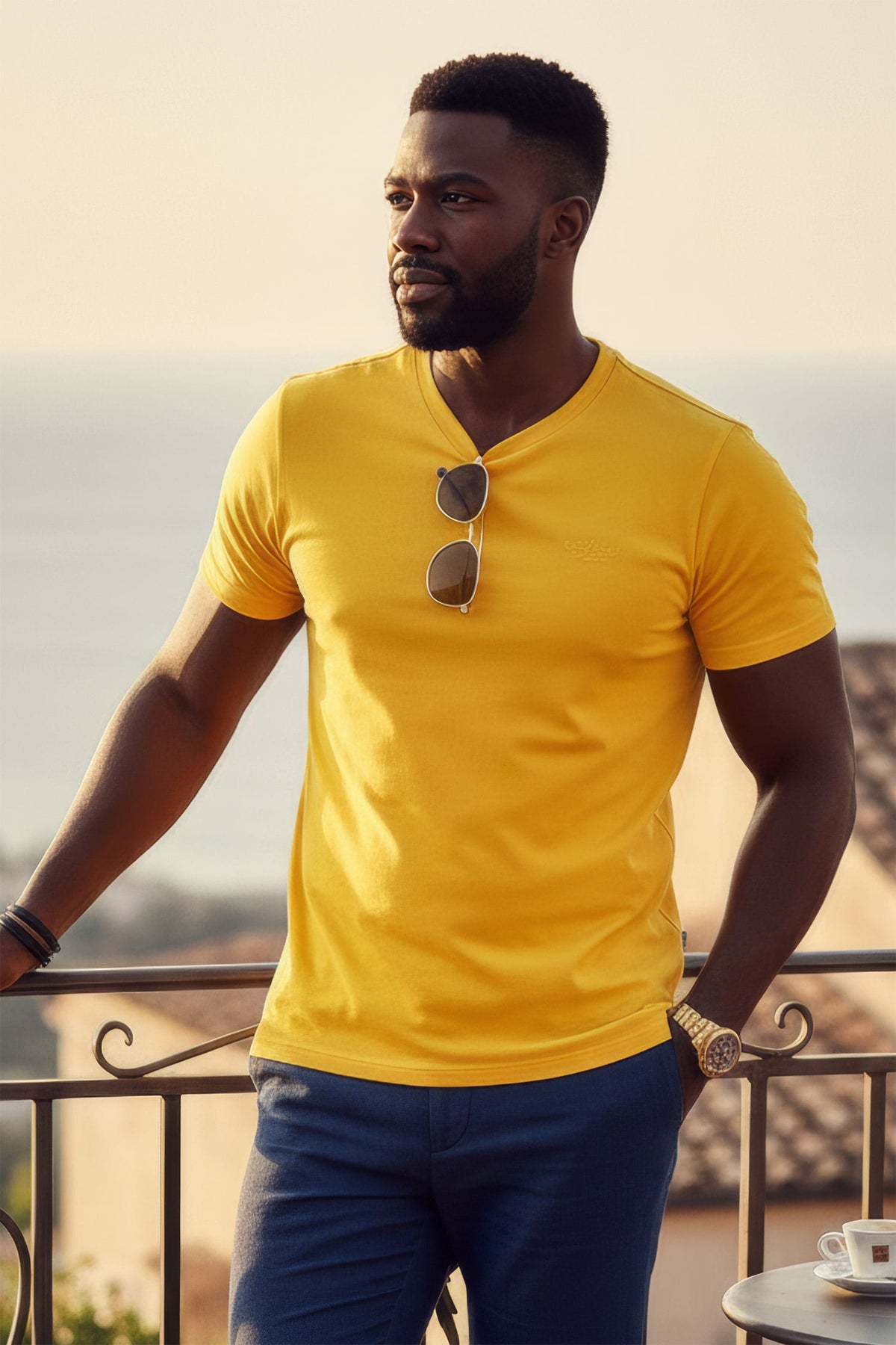 BARABAS Men's Basic Solid Color Crew-neck T-shirts ST933 #Color_Mustard