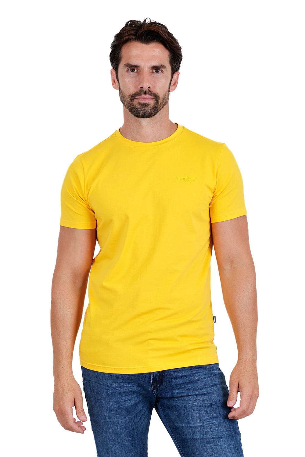 BARABAS Men's Basic Solid Color Crew-neck T-shirts ST933 #Color_Mustard