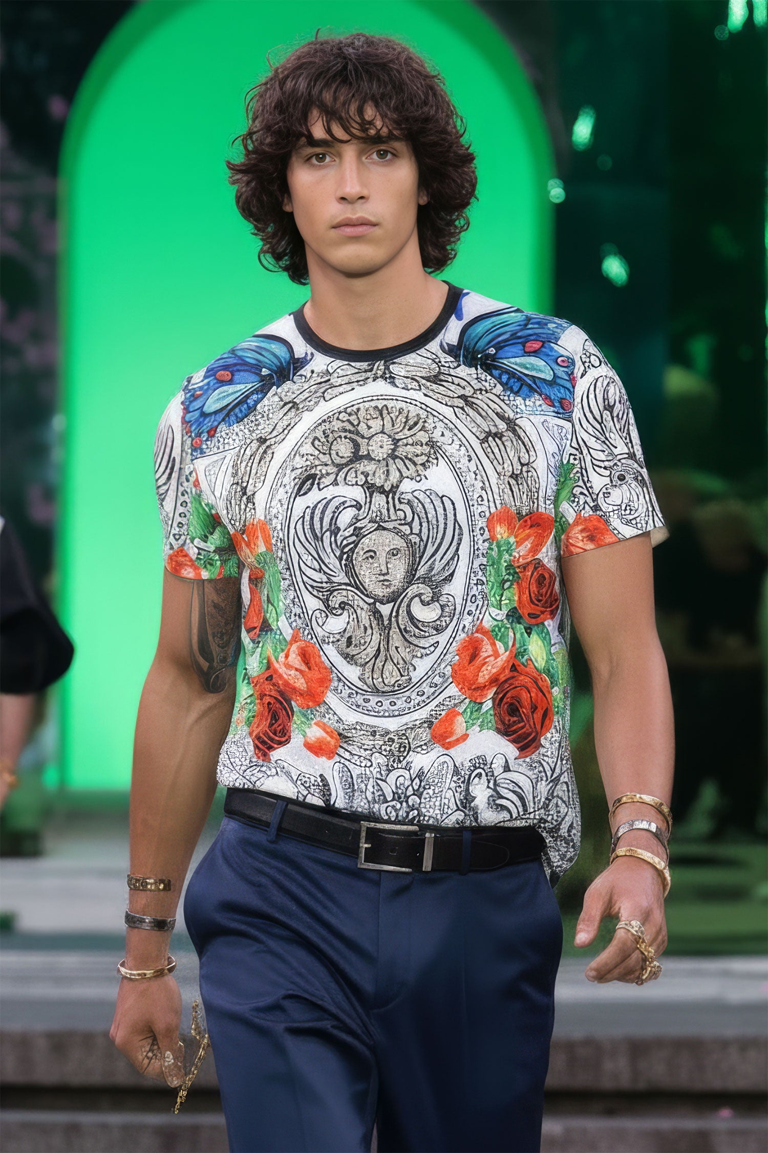Barabas Men's Rhinestone Medusa Floral Crew Neck T-Shirt STP3003