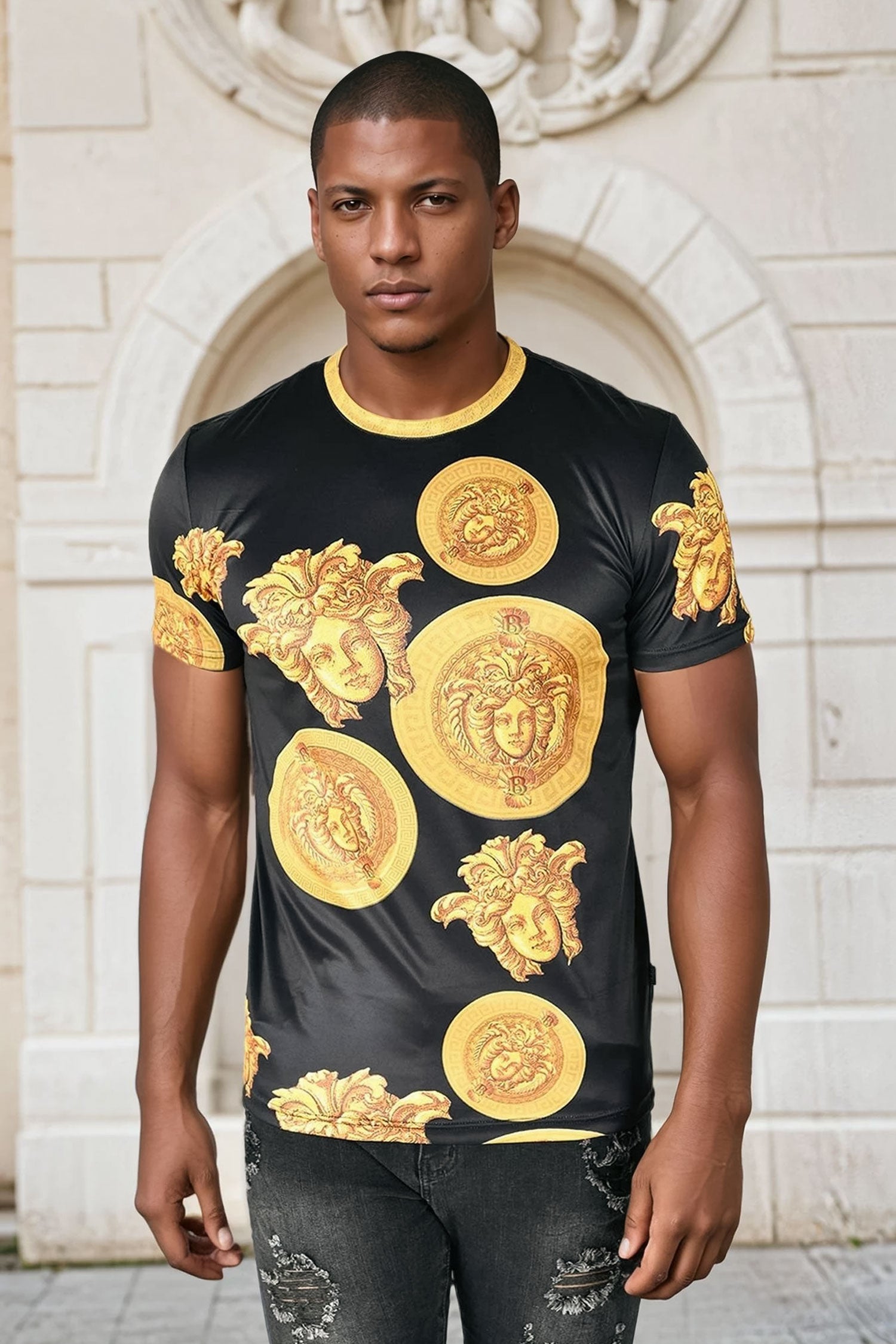 Barabas men's Medusa Greek Key Pattern Crew Neck T-Shirt STP3005 Black Gold
