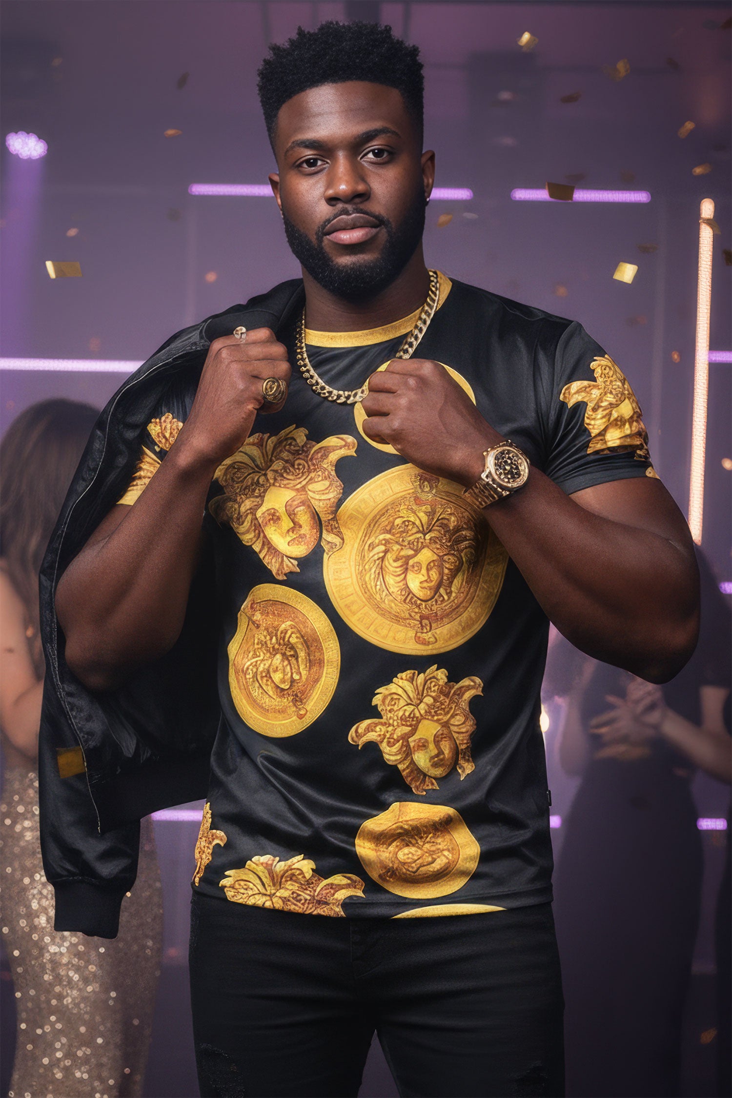 Barabas men's Medusa Greek Key Pattern Crew Neck T-Shirt STP3005 Black Gold