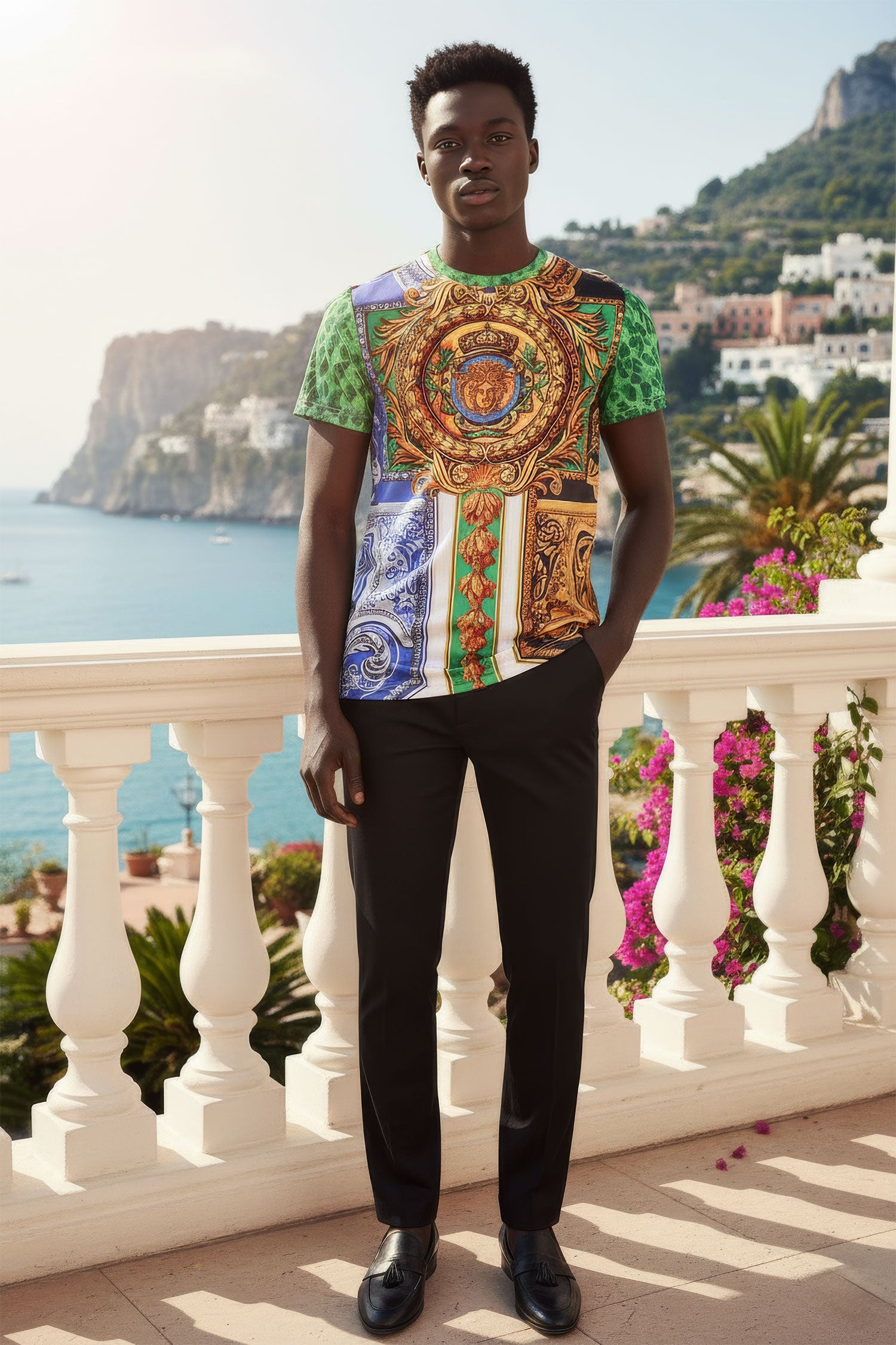 Barabas Men's Multi Color Rhinestone Medusa Floral T-shirts STP3006