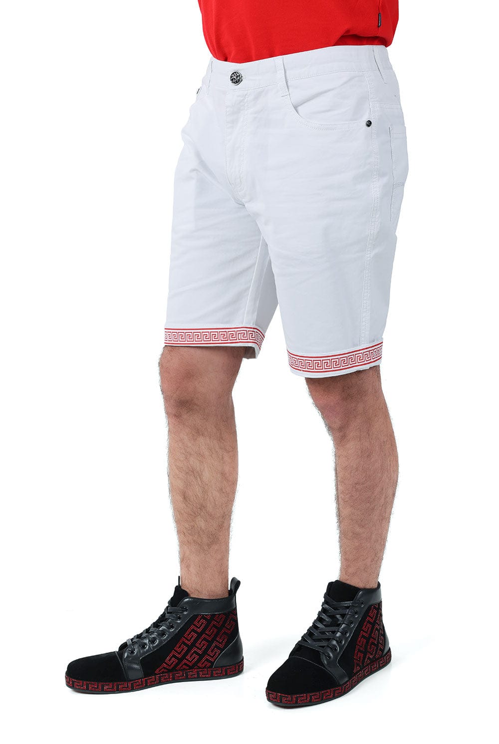 Barabas Men's Greek Key Printed Solid Color Luxury Shorts SVC4001 White Red