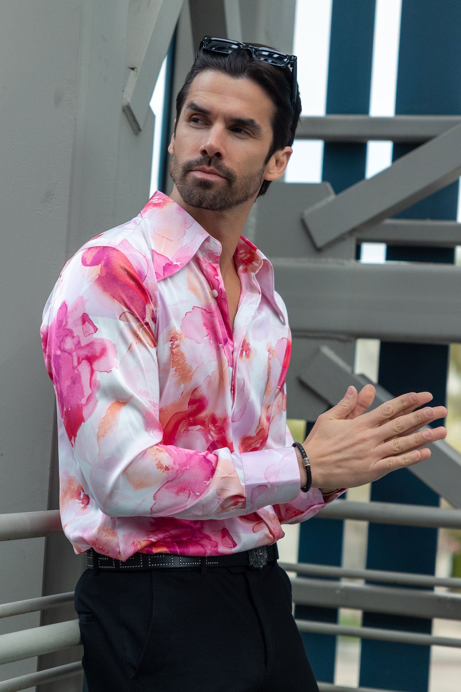 Barabas Men's Floral Stretch Spear Point Collar Long Sleeve Shirt 4B99 Pink
