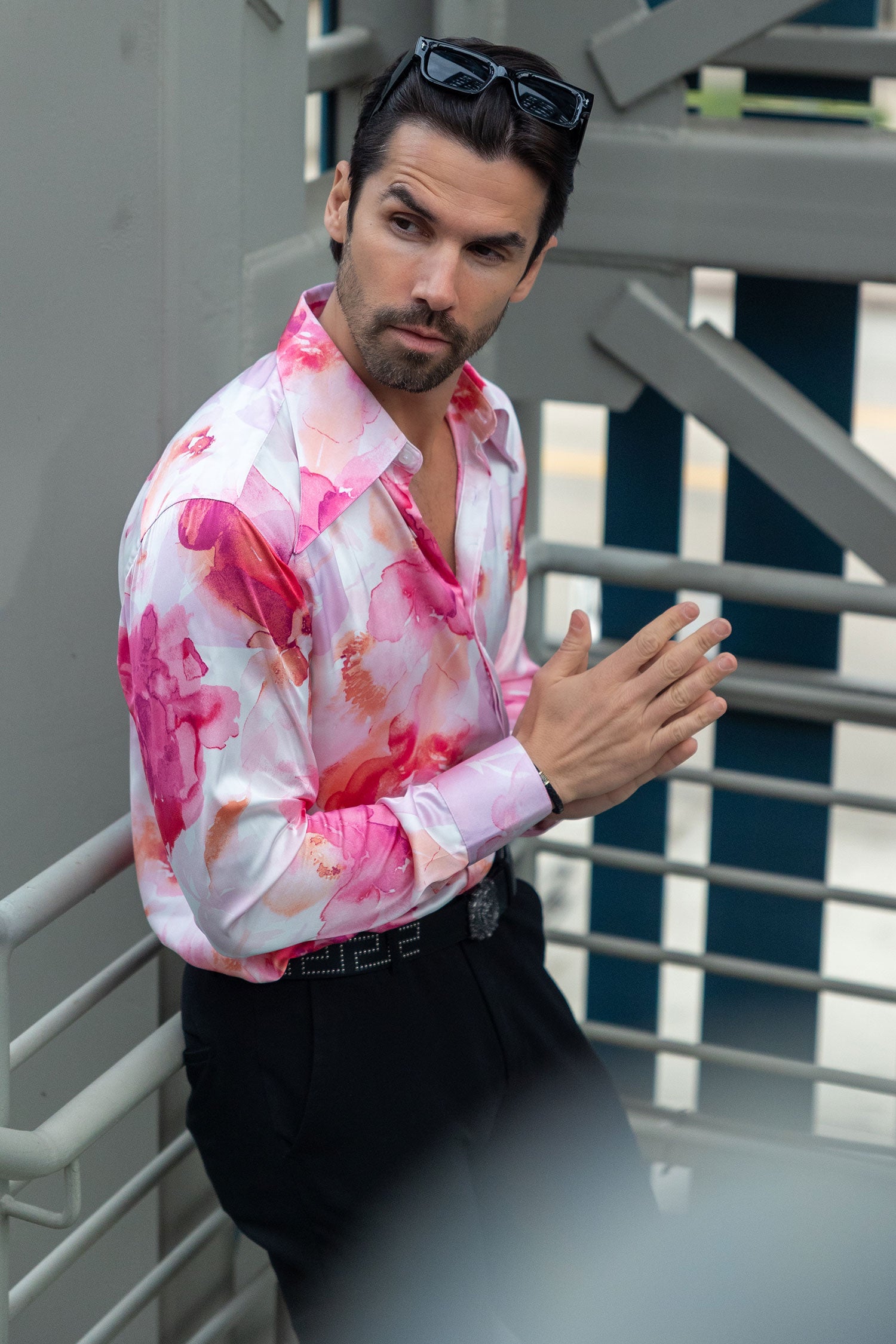 Barabas Men's Floral Stretch Spear Point Collar Long Sleeve Shirt 4B99 Pink