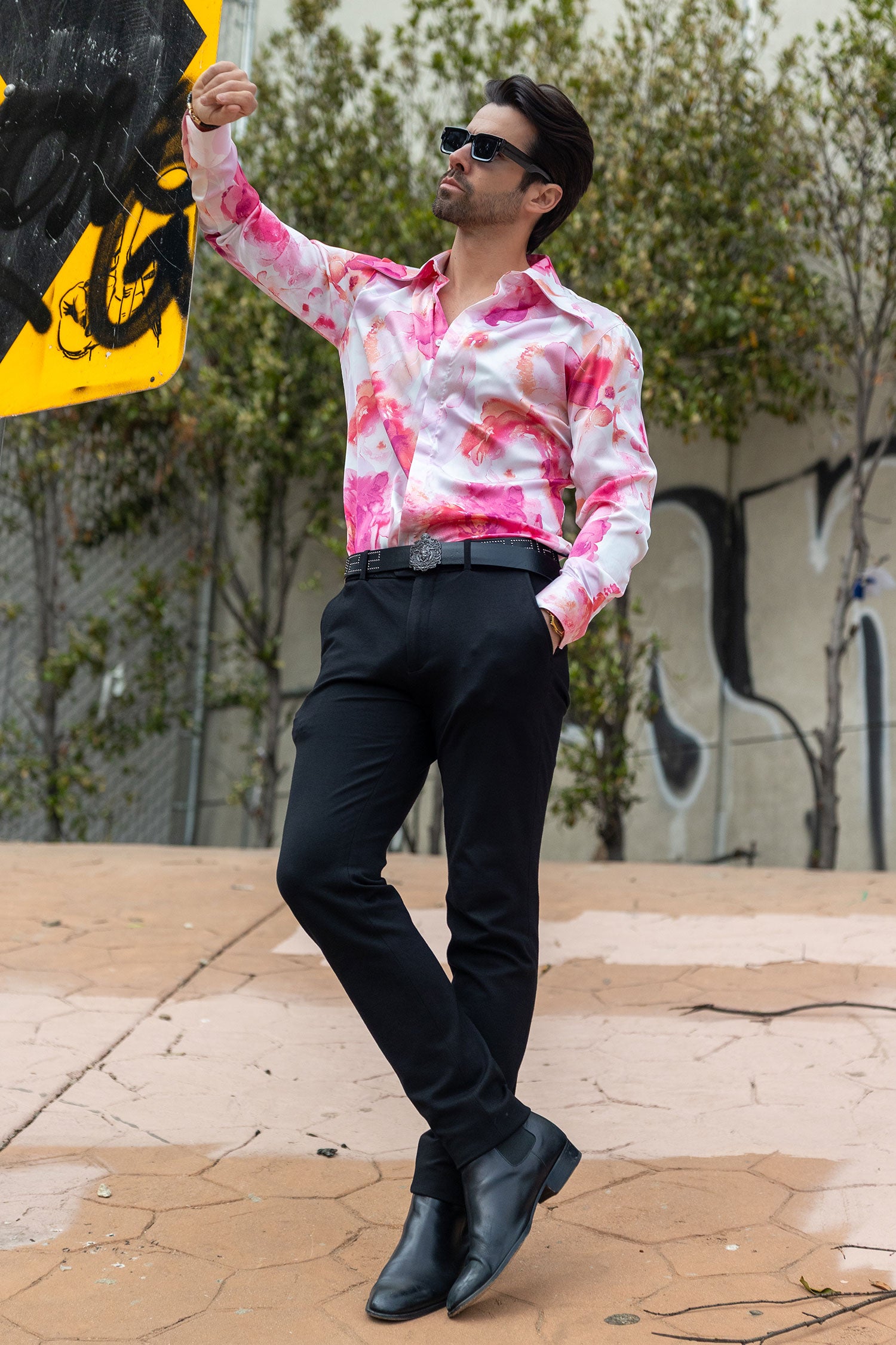 Barabas Men's Floral Stretch Spear Point Collar Long Sleeve Shirt 4B99 Pink