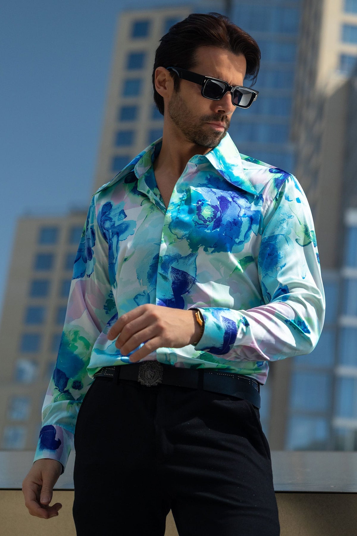 Barabas Men's Floral Stretch Spear Point Collar Long Sleeve Shirt 4B99 Green