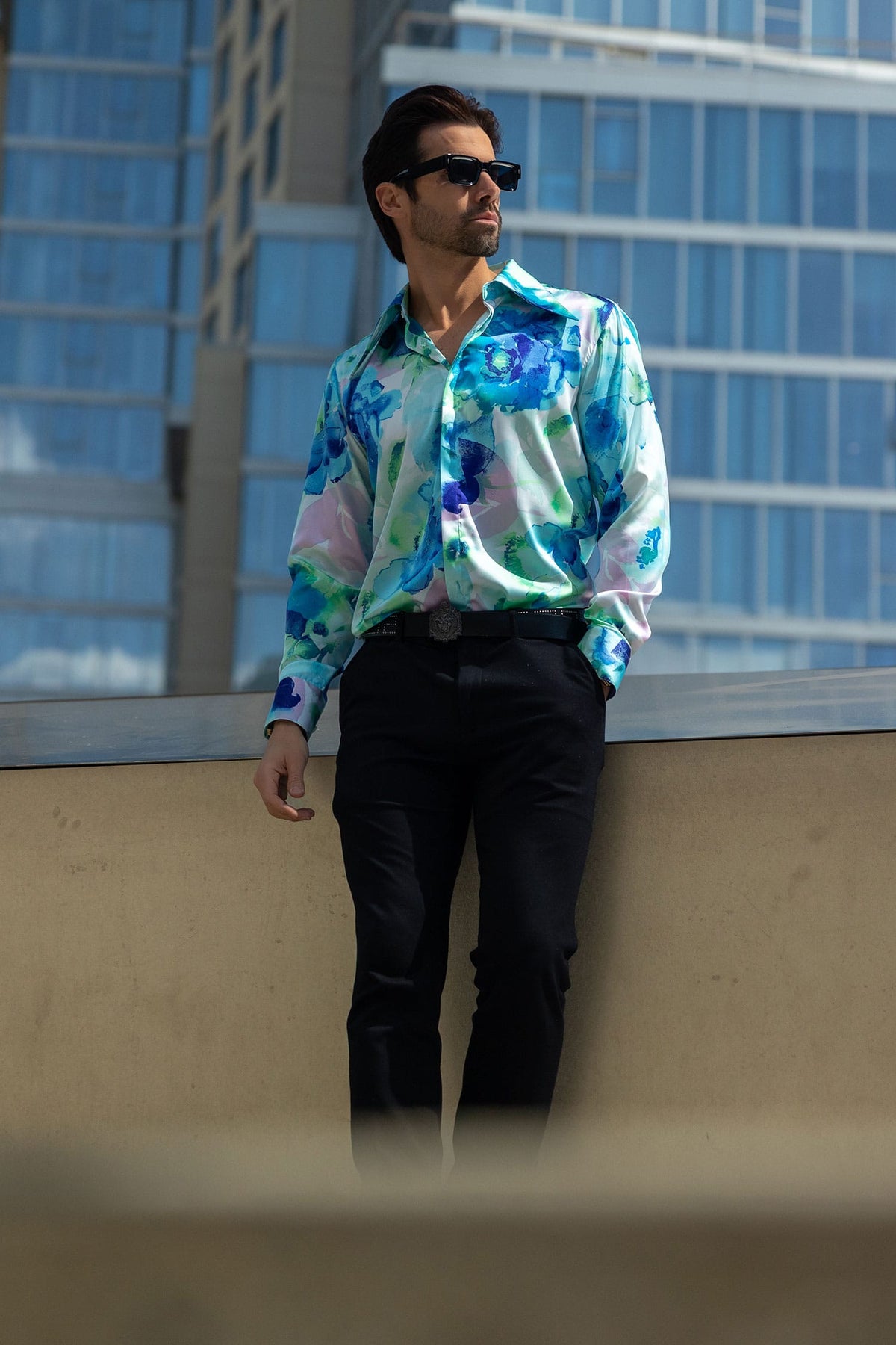 Barabas Men's Floral Stretch Spear Point Collar Long Sleeve Shirt 4B99 Green