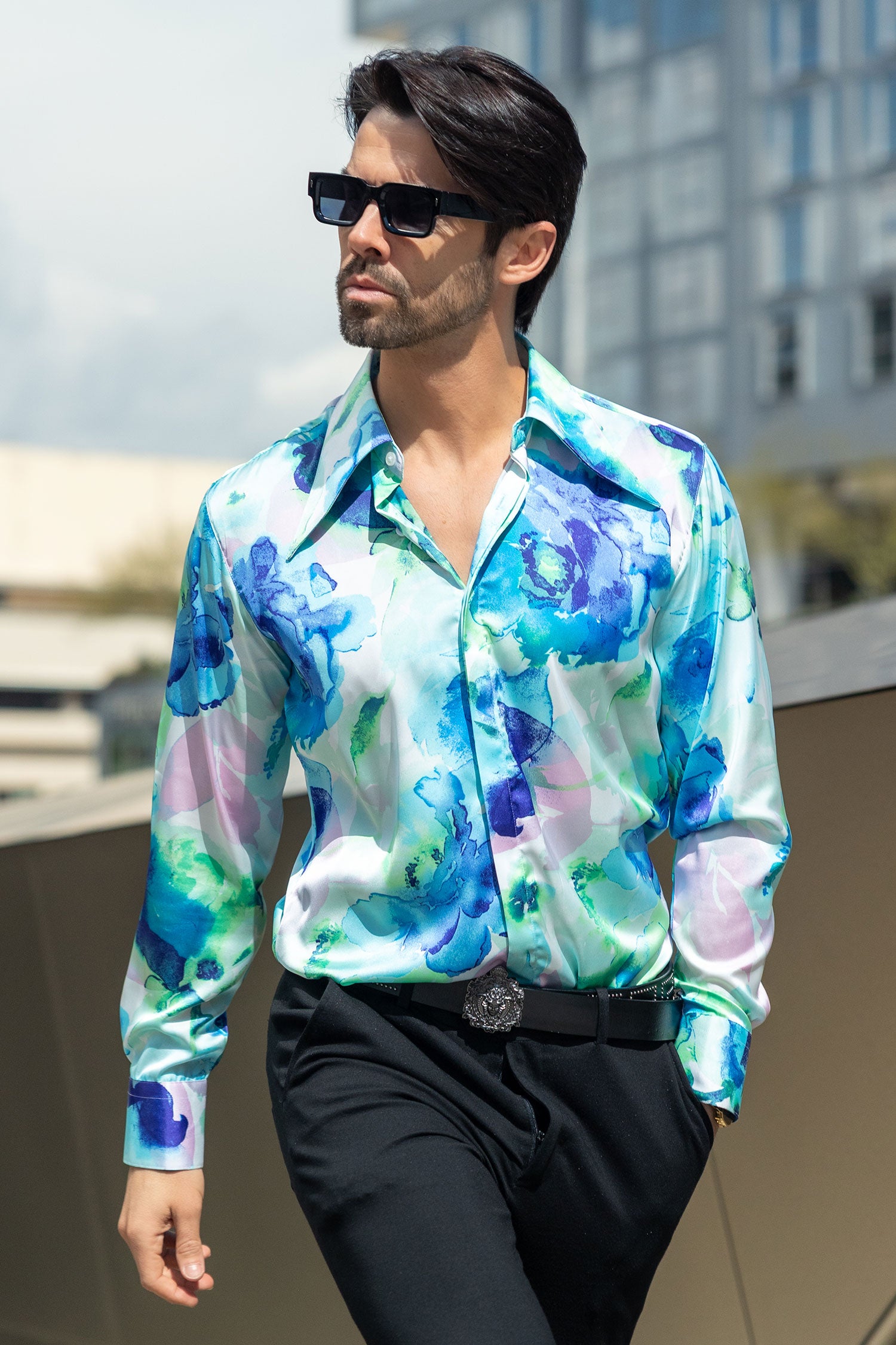 Barabas Men's Floral Stretch Spear Point Collar Long Sleeve Shirt 4B99 Green