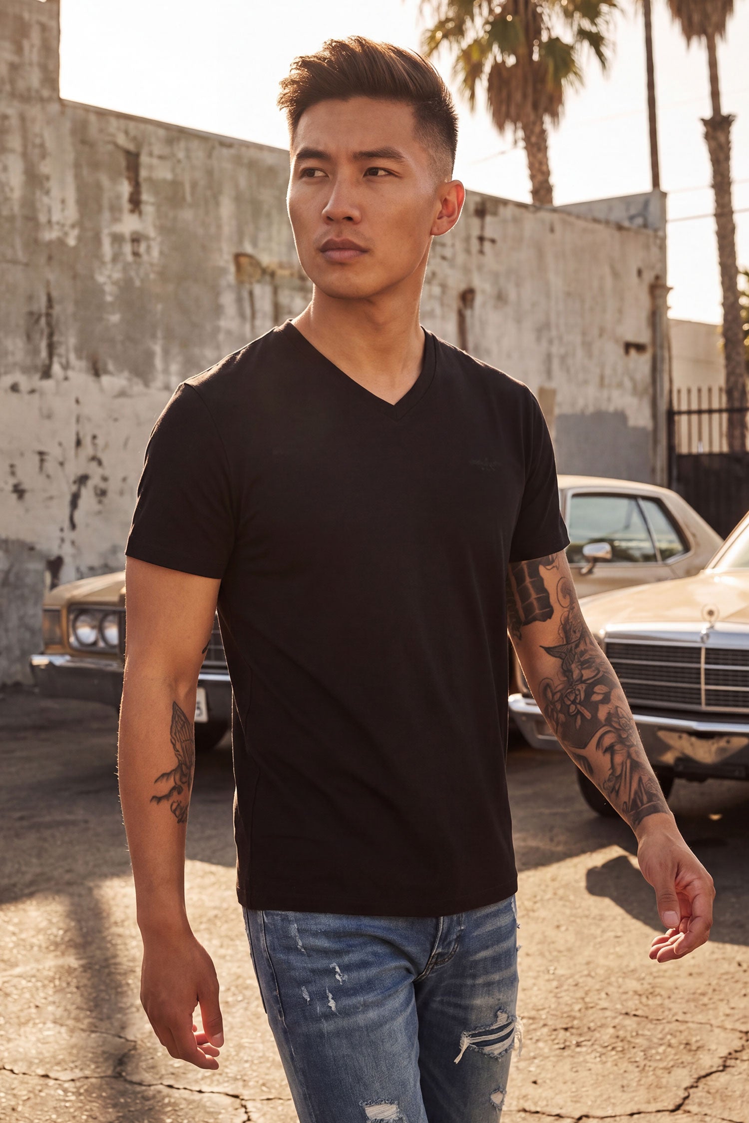 BARABAS Men's Solid Color V-neck T-shirts VTV216 Black