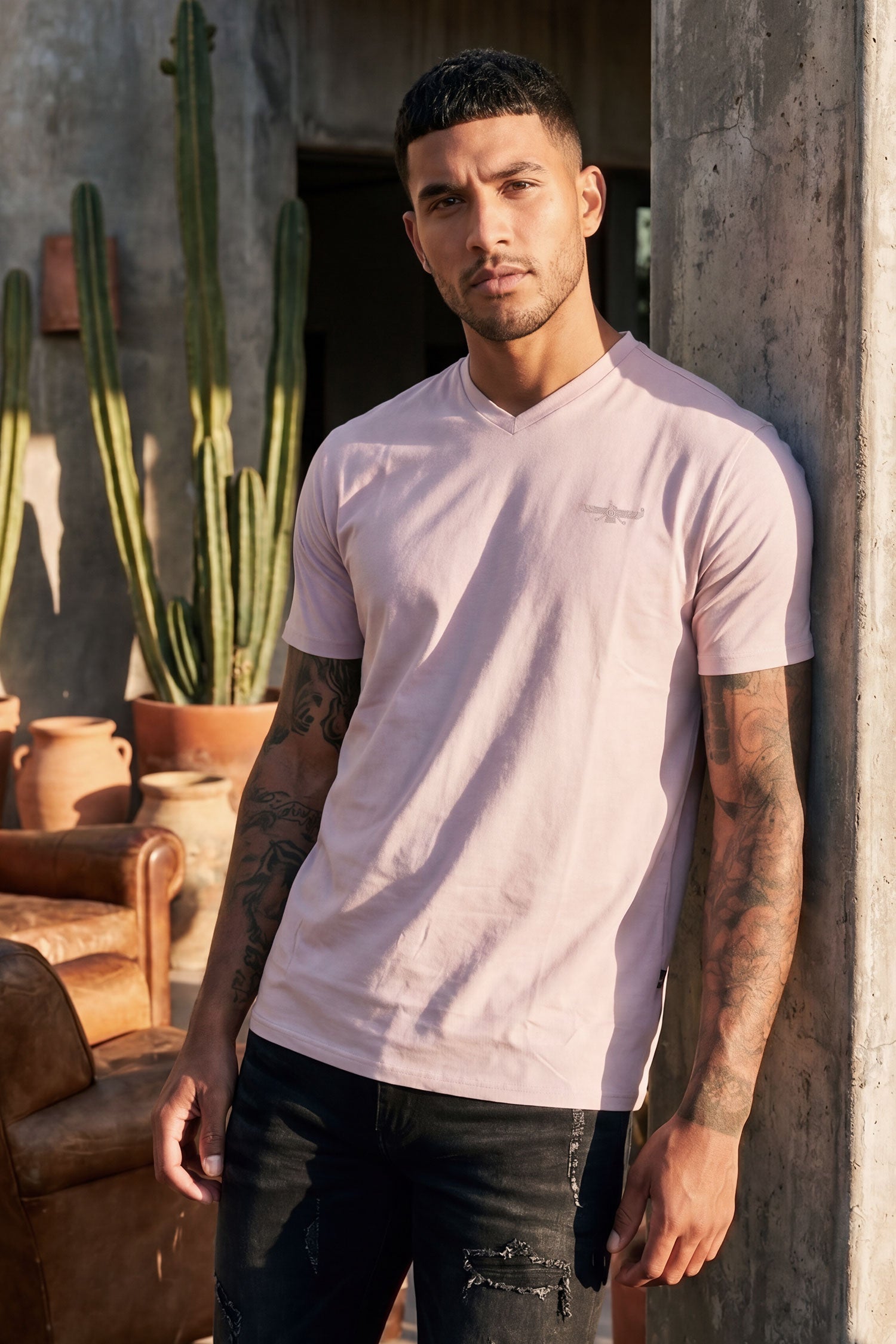 BARABAS Men's Solid Color V-neck T-shirts VTV216 Light Purple