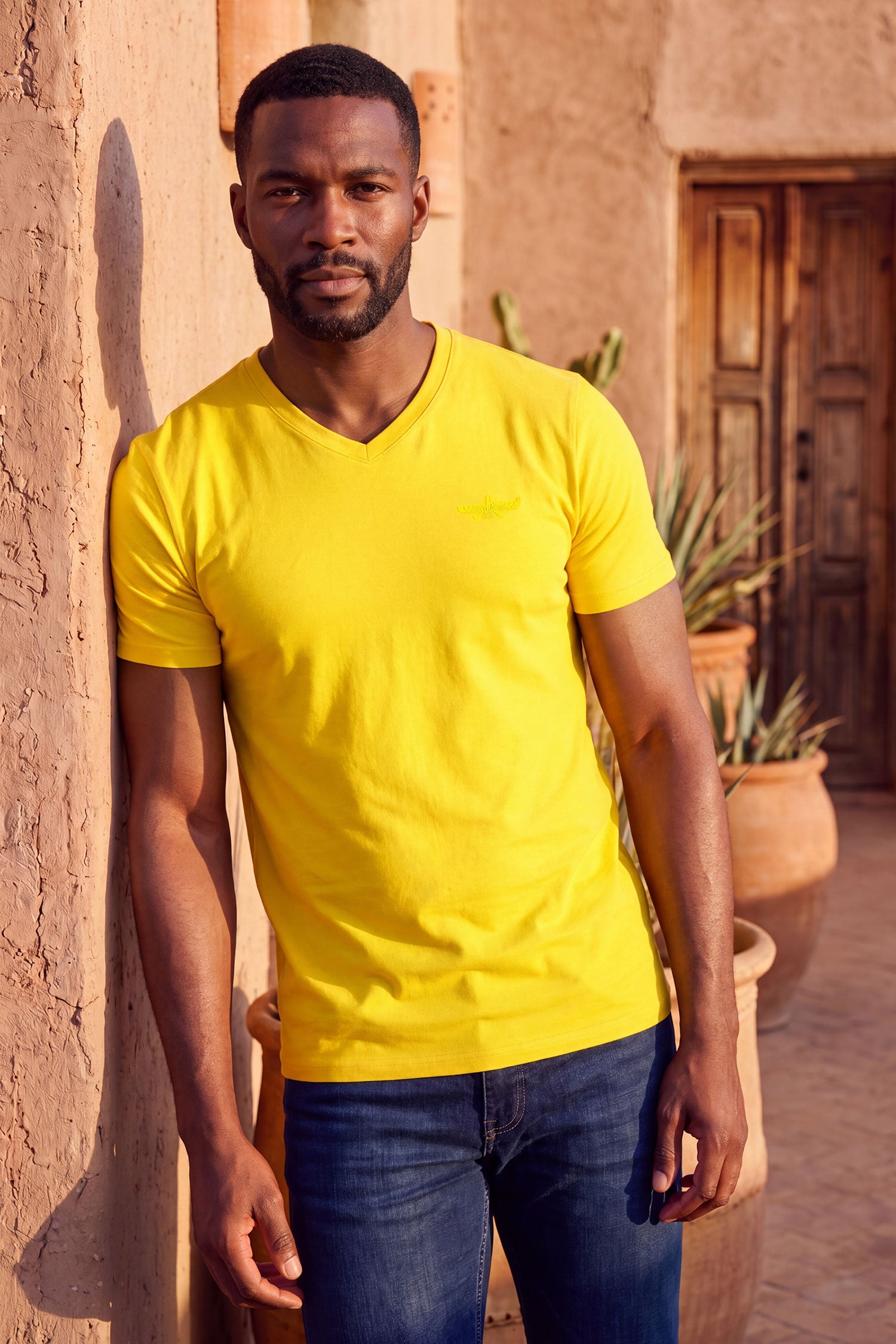 BARABAS Men's Solid Color V-neck T-shirts VTV216 Light Mustard