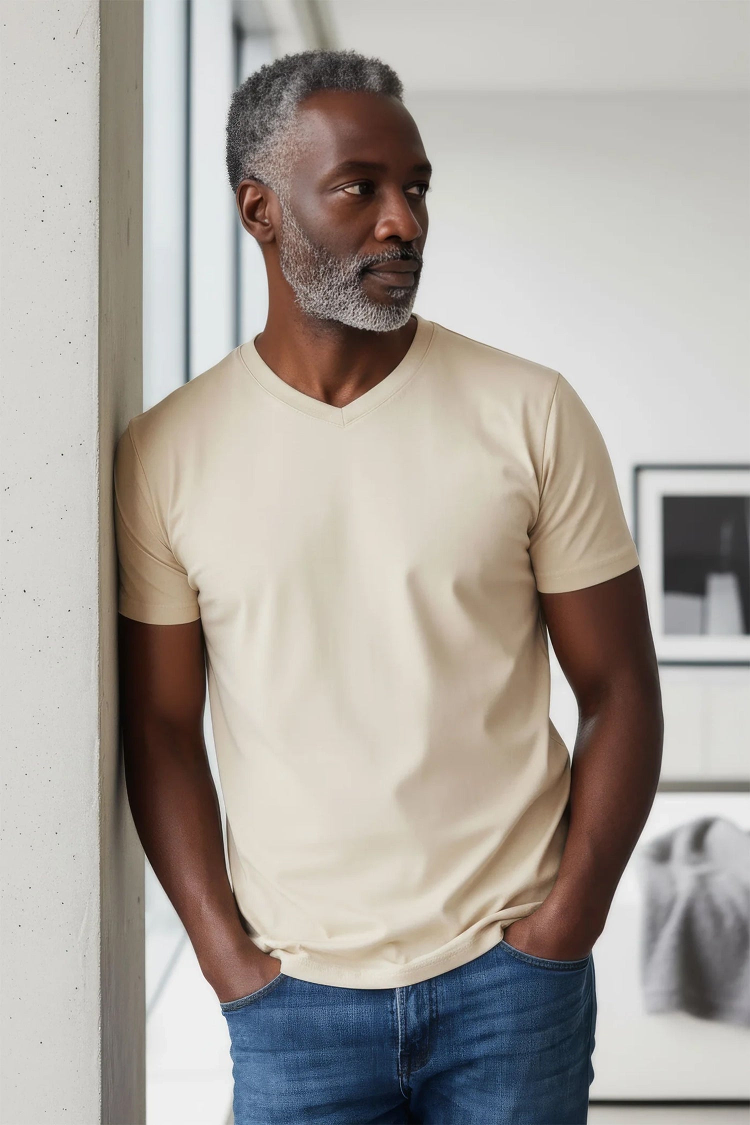 BARABAS Men's Solid Color V-neck T-shirts VTV216 Natural