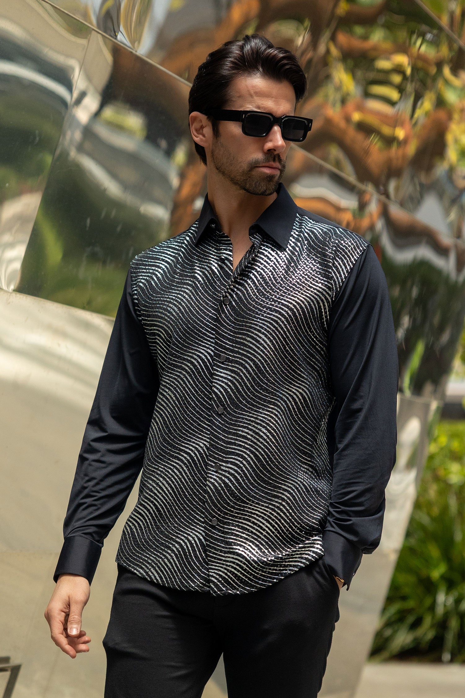 BARABAS Men's Polka Dot Linear Geometric Long Sleeve Shirt 4B43 Black Silver