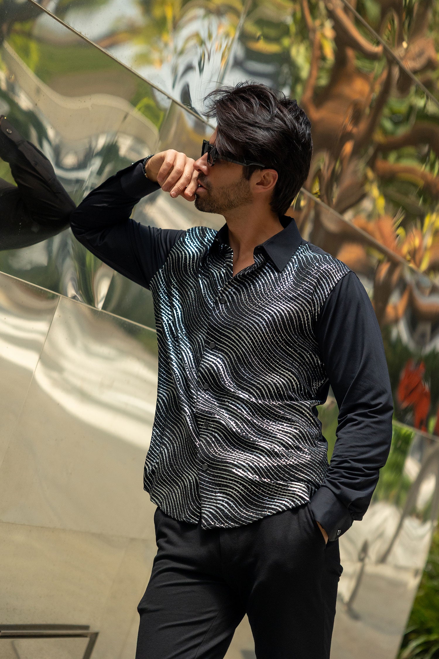 BARABAS Men's Polka Dot Linear Geometric Long Sleeve Shirt 4B43 Black Silver
