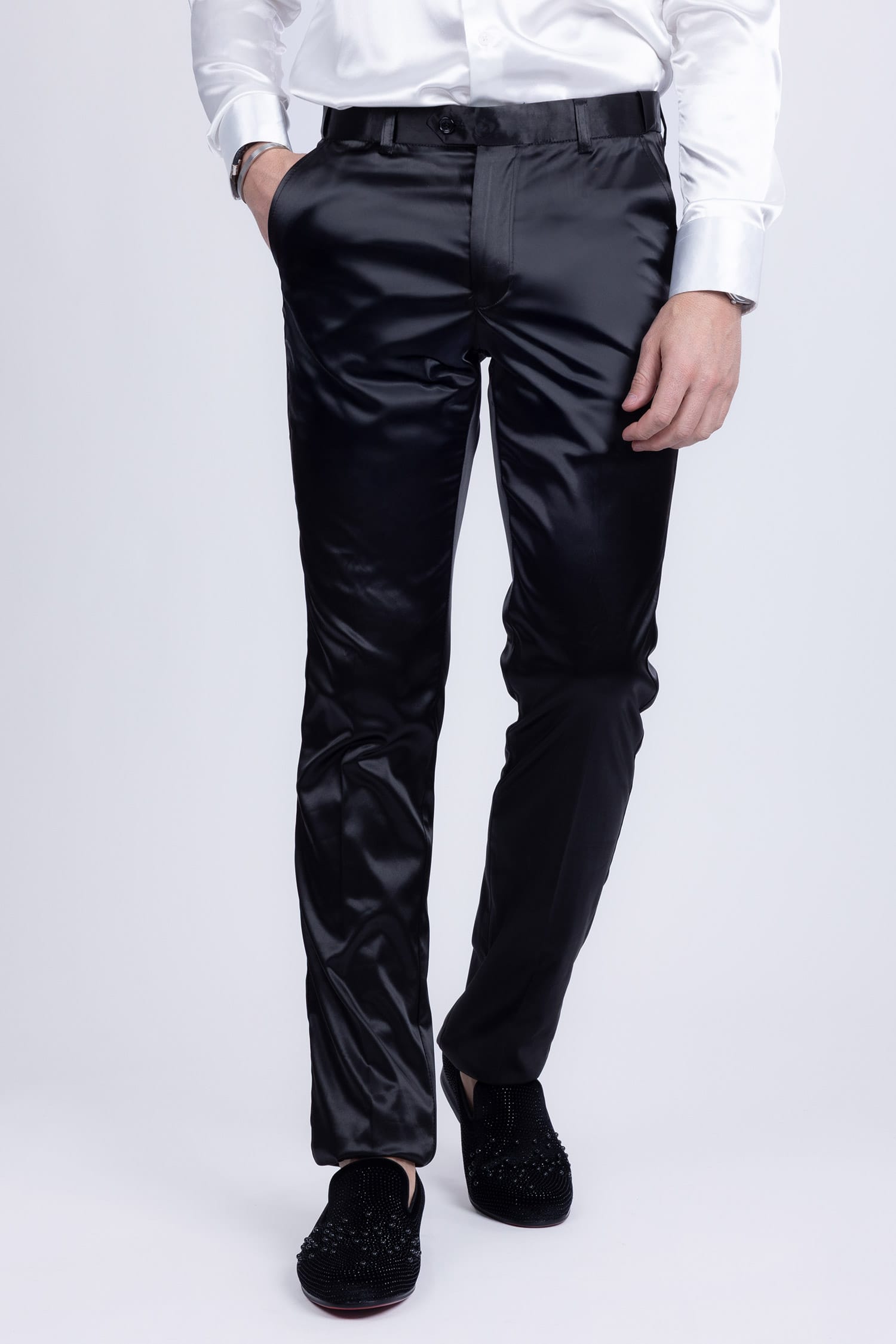BARABAS Men's Solid Color Shiny Chino Pants VP1010 Black